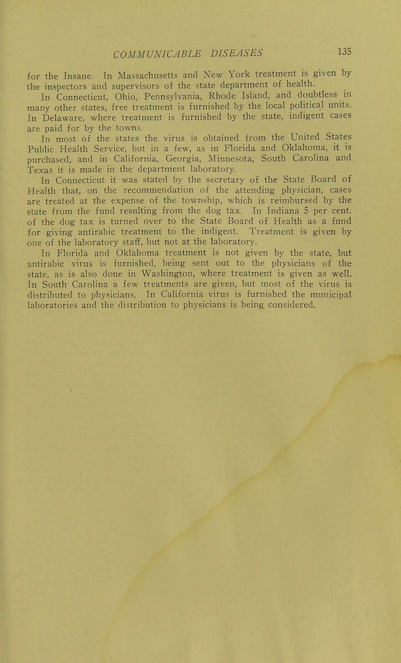 for the Insane. In Massachusetts and New York treatment is given by the inspectors and supervisors of the state department of health. In Connecticut, Ohio, Pennsylvania, Rhode Island, and doubtless in many other states, free treatment is furnished by the local political units. In Delaware, where treatment is furnished by the state, indigent cases are paid for by the towns. In most of the states the virus is obtained from the United States Public Health Service, but in a few, as in Florida and Oklahoma, it is purchased, and in California, Georgia, Minnesota, South Carolina and Texas it is made in the department laboratory. In Connecticut it was stated by the secretary of the State Board of Health that, on the recommendation of the attending physician, cases are treated at the expense of the township, which is reimbursed by the state from the fund resulting from the dog tiax. In Indiana S per cent, of the dog tax is turned over to the State Board of Health as a fund for giving antirabic treatment to the indigent. Treatment is given by one of the laboratory staff, but not at the laboratory. In Florida and Oklahoma treatment is not given by the state, but antirabic virus is furnished, being sent out to the physicians of the state, as is also done in Washington, where treatment is given as well. In South Carolina a few treatments are given, but most of the virus is distributed to physicians. In California virus is furnished the municipal laboratories and the distribution to physicians is being considered.