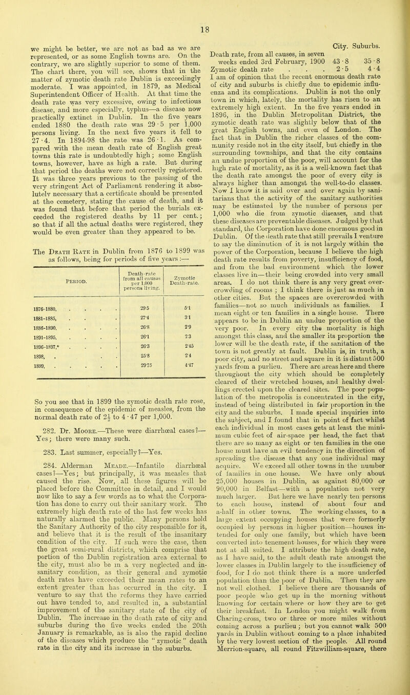 we might be better, we are not as bad as we are represented, or as some English towns are. On the contrary, we are slightly superior to some of them. The chart there, you will see, shows that in the matter of zymotic death rate Dublin is exceedingly moderate. I was appointed, in 1879, as Medical Superintendent Officer of Health. At that time the death rate was very excessive, owing to' infectious disease, and more especially, typhus—a disease now practically extinct in Dublin. In the five years ended 1880 the death rate was 29-5 per 1,000 persons living. In the next five years it feU to 27-4. In 1894-98 the rate was 26-1. As com- pared with the mean death rate of English great towns this rate is undoubtedly high; some English towns, however, have as high a rate. But during that period the deaths were not correctly registered. It was three years previous to the passing of the very stringent Act of Parliament rendering it abso- lutelv necessary that a certificate should be presented at the cemetery, stating the cause of death, and it was found that before that period the burials ex- ceeded the registered deaths by 11 per cent.; so that if all the actual deaths were registered, they would be even greater than they appeared to be. The Death Rate in Dublin from 1876 to 1899 was as follows, being for periods of five 5 ^ears:— Period. Death-rate from all oauses per 1.000 persons living. Zymotic Death-rate. 1876-1880, 29-5 51 1881-1885, 2Ti 31 1886-1890, 26-8 2'9 1891-1895, 26-1 23 1896-1897,* 26-3 2-45 1898, . 26-8 24 1899, . . . . 2975 4-47 So you see that in 1899 the zymotic death rate rose, in consequence of the epidemic of measles, from the normal death rate of 21 to 4 • 47 per 1,000. 282. Dr. MooEE.—These were diarrhoeal cases?— Yes; there were many such. 283. Last summer, especially?—^Yes. 284. Alderman Meade.—Infantile diaiThceal cases?—^Yes; but principally, it was measles that caused the rise. Now, all these figures will be placed before the Committee in detail, and I would now Like to say a few words as to what the Corpora- tion has done to carry out their sanitary work. The extremely high death rate of the last few weeks has naturally alarmed the public. Many persons hold the Sanitary Authority of the city responsible for it, and believe that it is the result of the insanitary condition of the city. If such were the case, then the great semi-rural districts, which comprise that portion of the DubHn registration area external to the city, must also be m a very neglected and in- sanitary condition, as their general and zymotic death rates have exceeded their mean rates tO' an extent greater than has occurred in the city. I venture to say that the reforms they have caiTied out have tended to, and resulted in, a substantial improvement of the sanitary state of the city of Dublin. The increase in the death rate of city and suburbs during the five weeks ended the 20th January is remarkable, as is also the rapid decline of the diseases which produce the  zymotic  death rate in the dty and its increase in the suburbs. City. Suburbs. Death rate, from all causes, in seven weeks ended 3rd February, 1900 43-8 35-8 Zymotic death rate . . . 2-5 4-4 I am of opinion that the recent enormous death rate of city and suburbs is chiefly due to epidemic influ- enza and its complications. Dublin is not the only town in which, lately, the mortality has risen to an extremely high extent. In the five years ended in 1896, in the Dublin Metropolitan District, the zymotic death rate was slightly below that of the great English towns, and even of London. The fact that in Dubhn the richer classes of the com- munity reside not in the city itself, but chiefly in the surrounding townships, and that the city contains an imdue proportion of the poor, will account for the high rate of mortality, as it is a well-known fact that the death rate amongst the poor of every city is always higher than amongst the well-to-do classes. Now I know it is said over and over again by sani- tarians that the activity of the sanitary autliorities may be estimated by the number of persons per 1,000 who die from zymotic diseases, and that these diseases are preventable diseases. Judged by that standard, the (Corporation have done enormous good in Dublin. Of the death rate that still prevails I venture to say the diminution of it is not largely within the power of the Corporation, because I believe the high death rate results from poverty, insufiiciency of food, and from the bad environment which the lower classes live in—their being crowded into very small areas. I do not think there is any very great over- crowding of rooms ; I think there is just as much in other cities. But the spaces are overcrowded with families—not so much individuals as families. I mean eight or ten families in a single house. There appears to be in Dublin an undue proportion of the very poor. In every city the mortality is high amongst this class, and the smaller its proportion the lower will be the death rate, if the sanitation of the town is not greatly at fault. Dublin is, in truth, a poor city, and no street and square in it is distant 500 yards from a purlieu. There arc areas here and there throughout the city which should be completely cleared of their wretched houses, and healthy dwel- lings erected upon the cleared sites. The poor popu- lation of the metropolis is concentrated in the city, instead of being distributed in fair proportion in the city and the suburbs. I made special inquiries into the subject, and I found that in point of fact whilst each individual in most cases gets at least the mini- mum cubic feet of air-space per head, the fact that there are so many as eight or ten families in the one house must have an evil tendency in the dii'ection of spreading the disease that any one individual may acquire. We exceed all other towns in the number of families in one house. We have only about 25,000 houses in Dublin, as against 80,000 or 90,000 in Belfast—with a population not very much larger. But here we have nearly ten persons to each house, instead of about four and a-half in other towns. The working-classes, to a laige extent occupying houses that were formerly occupied by persons in higher position—houses in- tended for only one family, but which have been converted into tenement houses, for which they were not at all suited. I attribute the high death rate, as I have said, to the adult death rate amongst the lower classes in Dublin largelj' to the insufficiency of food, for I do not think there is a more underfed {topulation than the poor of Dublin. Then they are not well clothed. I believe there are thousands of poor people who get up in the morning without knowing for certain where or how they are to get their breakfast. In London you might walk from Charing-cross, two or three or more miles without coming across a purlieu; but you cannot walk 500 yards in Dublin without coming to a place inhabited by the very lowest section of the people. All round Merrion-square, all round Fitzwilliam-square, there