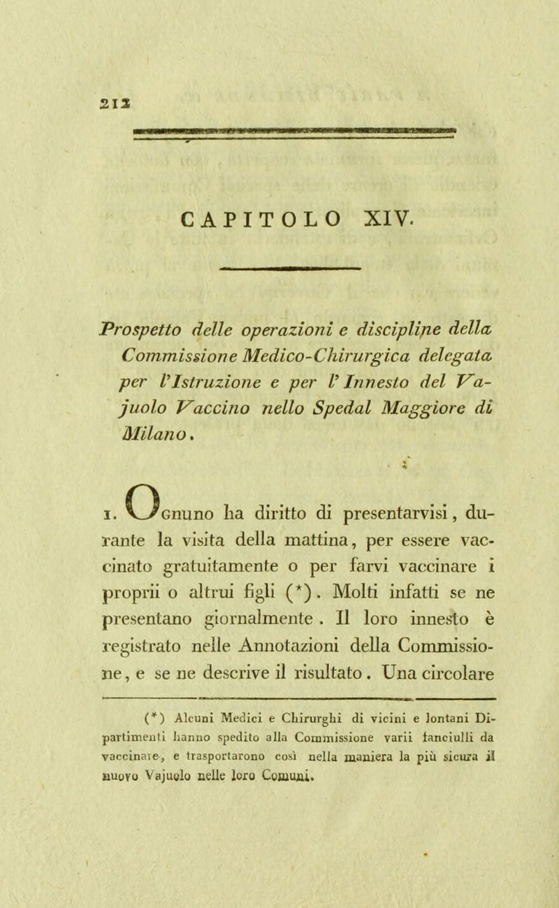 CAPITOLO XIV. Prospetto delle operazioni e disciplijie della Commissione Medico-Chirurgica delegata per VIstruzione e per V Innesto del Va- cuolo Vaccino nello Spedai Maggiore di Milano. 1 yj Gnuno lia diritto di presentarvisi, du- rante la visita della mattina, per essere vac- cinato gratuitamente o per farvi vaccinare i proprii o altrui figli (*). Molti infatti se ne presentano giornalmente . Il loro innesto è registrato nelle Annotazioni della Commissio- ne, e se ne descrive il risultato. Una circolare (*) Alcuni Medici e Chirurghi di vicini e lontani Di- partimeull hanno spedito alla Commissione varii fanciulli da vaccinai&, e trasportarono così nella maniera la più sicura ii nuuvu Vajuolo nelle loro Coutuai*