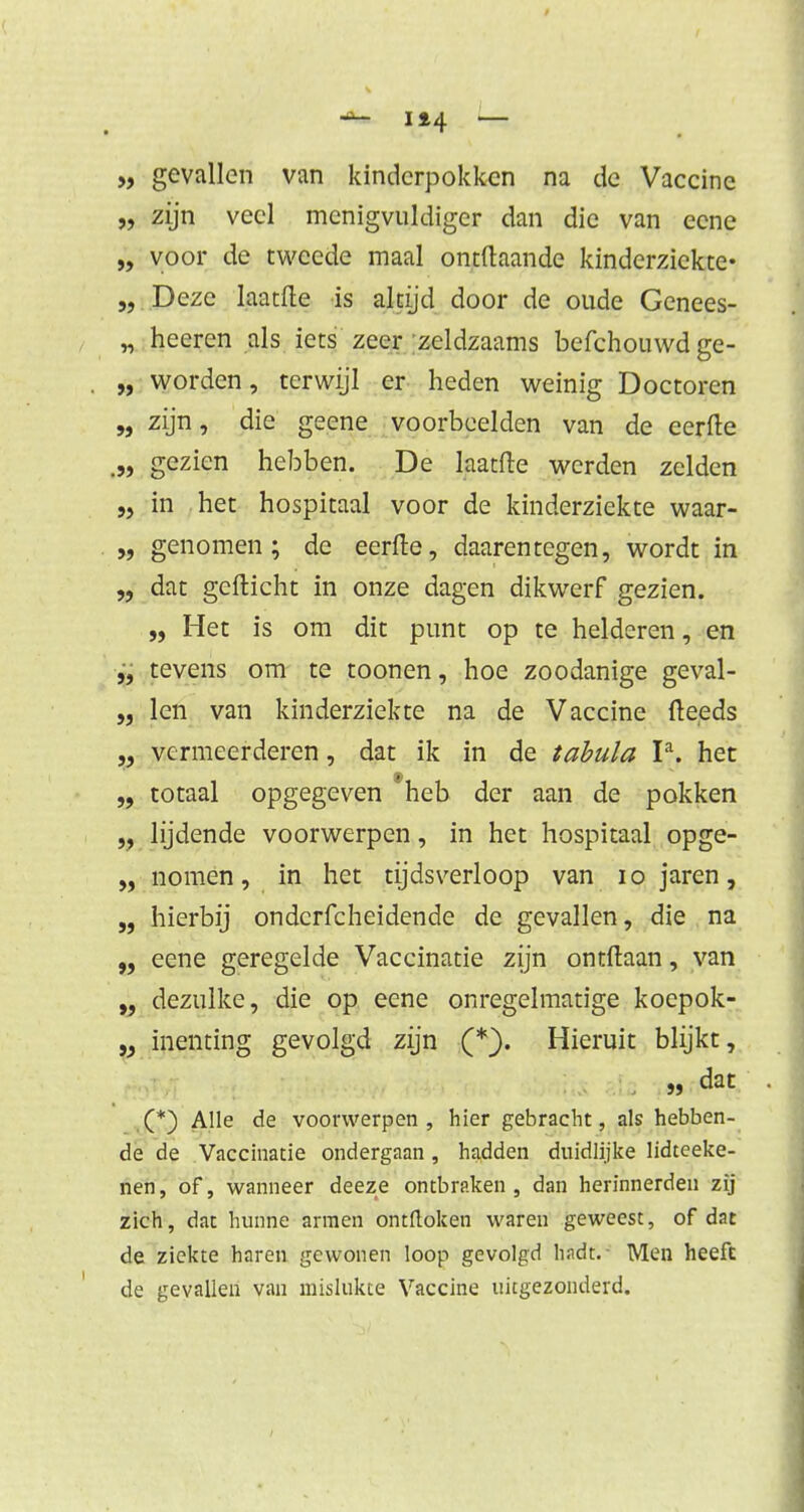 — ii4 — „ gevallen van kinderpokken na de Vaccine „ zijn veel menigvuldiger dan die van ecne „ voor de tweede maal ontftaande kinderziekte- „ Deze laatfle is altijd door de oude Genees- „ heeren als iets zeer zeldzaams befchouwdge- „ worden, terwijl er heden weinig Doctoren „ zijn, die geene voorbeelden van de eerfle „ gezien hebben. De laatfle werden zelden „ in het hospitaal voor de kinderziekte waar- „ genomen; de eerfte, daarentegen, wordt in „ dat gefticht in onze dagen dikwerf gezien. „ Het is om dit punt op te helderen, en „ tevens om te toonen, hoe zoodanige geval- „ len van kinderziekte na de Vaccine {leeds „ vermeerderen, dat ik in de tabula P. het „ totaal opgegeven heb der aan de pokken „ lijdende voorwerpen, in het hospitaal opge- „ nomen, in het tijdsverloop van 10 jaren, „ hierbij onderfcheidende de gevallen, die na „ eene geregelde Vaccinatie zijn ontdaan, van „ dezulke, die op eene onregelmatige koepok- i3 inenting gevolgd zijn (*). Hieruit blijkt, „ dat (*) Alle de voorwerpen , hier gebracht, als hebben- de de Vaccinatie ondergaan, hadden duidlijke lidteeke- nen, of, wanneer deeze ontbraken , dan herinnerden zij zich, dat hunne armen ontdoken waren geweest, of dat de ziekte haren gewonen loop gevolgd hadt.- Men heeft de gevallen van mislukte Vaccine uitgezonderd.