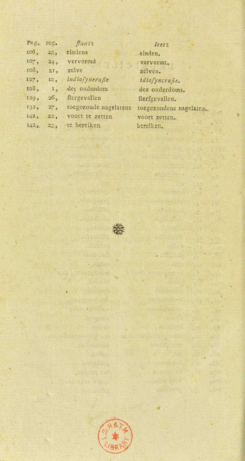 ret;. let s ï. 106, 22, eindcns einden. 10?, 24, vervormd vervormt. 108, ar, zelve zeiven. 127, ïndïofynerafic idiofyncrafte. 128, 1. dei ouderdom vUUwl UU1X15* 129, 26, ftcrgcvallen fterfgevallen. 27, toeg&zonde nagelatene toegezondene nagelaten.. 142, 22, voort te zetten voort zetten.. 23.a te bereiken bereiken.. 1.