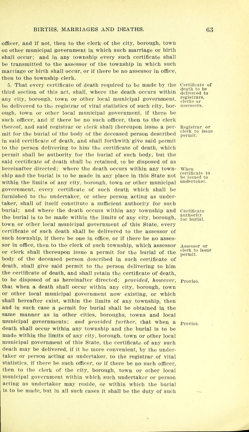 officer, and if not, thea to the clerk of the city, borough, town or other municipal government in which such marriage or birth shall occur; and in any township every such certificate shall be transmitted to the assessor of the township in which such marriage or birth shall occur, or if there be no assessor in office, then to the township clerk. 5. That every certificate of death required to be made by the third section of this act, shall, where the death occurs within any city, borough, town or other local municipal government, be delivered to the registrar of vital statistics of such city, bor- ough, town or other local municipal government, if there be such officer, and if there be no such officer, then to the clerk thereof, and said registrar or clerk shall thereupon issue a per- mit for the burial of the body of the deceased person described in said certificate of death, and shall forthwith'give said permit to the person delivering to him the certificate of death, which permit shall be authority for the burial of such body, but the said certificate of death shall be retained, to be disposed of as hereinafter directed; where the death occurs within any town- ship and' the burial is to be made in any place in this State not within the limiits of any city, borough, town or other municipal government, every certificate of such death which shall be furnished to the undertaker, or other person acting as under- taker, shall of itself constitute a sufficient authority for such burial; and where the death occurs within any township and the burial is to be made within the limits of any city, borough, town or other local municipal government of this State, every certificate of such death shall be delivered to the assessor of such township, if there be one in office, or if there be no asses- sor in office, then to the clerk of such township, which assessor or clerk shall thereuix)n issue a permit for the burial of the body of the deceasedi person described in such certificate of death, shall give said permit to the person delivering to him the certificate of death, and shall retain the certificate of death, to be disposed of as hereinafter directed; provided, however, that when a death shall occur within any city, borough, town or other local municipal government now existing, or which shall hereafter exist, within the limits of any township, then and in such case a i>ermit for burial shall be obtained in the same manner as in other cities, boroughs, towns and local miunicipal governments; and provided further, that when a death shall occur within any township and the burial is to be made within the limits of any city, borough, town or other local municipal government of this State, the certificate of any such death may be delivered, if it be more convenient, by the under- taker or person acting as undertaker, to the registrar of vital statistics, if there be such officer, or if there be no such officer, then to the clerk of the city, borough, town or other local municipal government within which such undertaker or person acting as undertaker may reside, or within which the burial is to be madie, but in all such cases it shall be the duty of such Certificate of death to be delivered to registrars, clerics or assessors. Registrar or clerk to issue permit. Whea certificate to be issued to undertaker. Certificate authority for burial. Assessor or clerk to issue permit. Proviso. Proviso.