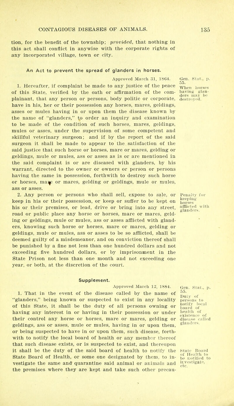 tion, for the benefit of the township; provided, that nothing in this act shall conflict in anywise with the corporate rights of any incorporated village, town or city. An Act to prevent the spread of glanders in horses. Approved Maitli lSO-1. 1. Hereafter, if complaint be made to any justice of the peace of this State, verified by the oath or affirmation of the com- plainant, that any person or persons, body politic or corporate, have in his, her or their possession any horses, mares, geldings, asses or mules having in or upon them the disease known by the name of glanders, to order an inquiry and examination to be made of the condition of such horses, mares, geldings, mules or asses, under the supervision of some competent and skillful veterinary surgeon; and if by the report of the said surgeon it shall be made to appear to the satisfaction of the said justice that such horse or horses, mare or mares, gelding or geldings, mule or mules, ass or asses as is or are mentioned in the said complaint is or are diseased with glanders, by his warrant, directed to the owner or owners or person or persons having the same in possession, forthwith to destroy such horse or horses, mai^ or mares, gelding or geldings, mule or mules, ass or asses. 2. Any person or persons who shall sell, expose to sale, or keep in his or their possession, or keep or suffer to be kept on his or their premises, or lead, drive or bring into any street, road or public place any horse or horses, mare or mares, geld- ing or geldings, mule or mules, ass or asses afflicted with gland- ers, knowing such horse or horses, mare or mares, gelding or geldings, mule or mules, ass or asses to be so afflicted, shall be deemed guilty of a misdemeanor, and on conviction thereof shall be punished by a fine not less than one hundred dollars and not exceeding five hundred dollars, or by imprisonment in the State Prison not less than one month and not exceeding one year, or both, at the discretion of the court. Gen. .st:if 55. When horses having gliin- ders may be destroyed. Peuiilty fur keei'inii horses afflicted witli glanders. Supplement. Approved March IJ. 1884. 1. That in the event of the disease called by the name of glanders, being known or suspected to exist in any locality of this State, it shall be the duty of all persons owning or having any interest in or having in their possession or under their control any horse or horses, mare or mares, gelding or geldings, ass or asses, mule or mules, having in or upon them, or being suspected to have in or upon them, such disease, forth- with to notify the local board of health or any membsr thereof that such disease exists, or is suspected to exist, and thereupon it shall be the duty of the said board of health to notify the State Board of Health, or some one designated by them, to in- vestigate the same and quarantine said animal or animals and the premises where they are kept and take such other precau- Gen. 8tat., p. .30. Duly of persons to notify local board of heal til of existence o,f disease called glanders. State Board of Health to be notified to investigate, etc.