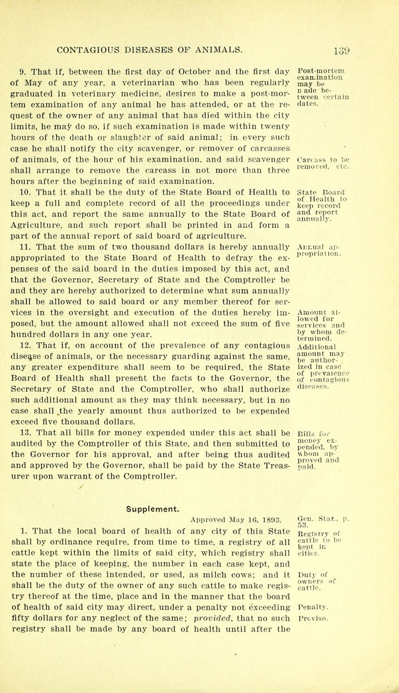 9. That if, between the first day of October and the first day of May of any year, a veterinarian who has been regularly graduated in veterinary medicine, desires to make a post-mor- tem examination of any animal he has attended, or at the re- quest of the owner of any animal that has died within the city limits, he may do so, if such examination is made within twenty hours of the dieath or slaughter of said animal; in, every such case he shall notify the city scavenger, or remover of carcasses of animals, of the hour of his examination, and said scavenger shall arrange to remove the carcass in not more than three hours after the beginning of said examination. 10. That it shall be the duty of the State Board of Health to keep a full and complete record of all the proceedings under this act, and report the same annually to the State Board of Agriculture, and such report shall be printed in and form a part of the annual report of said board of agriculture. 11. That the sum of two thousand dollars is hereby annually appropriated to the State Board of Health to defray the ex- penses of the said board in the duties imposed by this act, and that the Governor, Secretary of State and the Comptroller be and they are hereby authorized to determine what sum annually shall be allowed to said board or any member thereof for ser- vices in the oversight and execution of the duties hereby im- posed, but the amount allowed shall not exceed the sum of five hundred dollars in any one year. 12. That if, on account of the prevalence of any contagious disease of animals, or the necessary guarding against the same, any greater expenditure shall seem to be required, the State Board of Health shall present the facts to the Governor, the Secretary of State and the Comptroller, who shall authorize such additional amount as they may think necessary, but in no case shall .the yearly amount thus authorized to be expended exceed five thousand dollars. 13. That all bills for money expended under this act shall be audited by the Comptroller of this State, and then submitted to the Governor for his approval, and after being thus audited and approved by the Governor, shall be paid by the State Treas- urer upon warrant of the Comptroller. Post-mortem exarLination may be D ade be- tween certain dates. Carcass to be removed, etc. State Board of Health to keep record and report aannullj-. Annual ap- propriation. Amount al- lowed for services and by whom de- termined. Additional amount maj' be author- ized in case of prevalence o.f contagious diseases. Bills for mone.v ex- pended, by whom ap- proved and paid. Supplement. Approved May 16, 1893. Gen. Stat., i 53. 1. That the local board of health of any city of this State Reaisn-y of shall by ordinance require, from time to time, a registry of all cattle to be  kept in cattle kept within the limits of said city, which registry shall cities. state the place of keeping, the number in each case kept, and the number of these intended, or used, as milch cows; and it Duty of shall be the duty of the owner of any such cattle to make regis- c^t?.* try thereof at the time, place and in the manner that the board of health of said city may direct, under a penalty not exceeding Penalty. fifty dollars for any neglect of the same; provided, that no such Proviso. registry shall be made by any board of health until after the