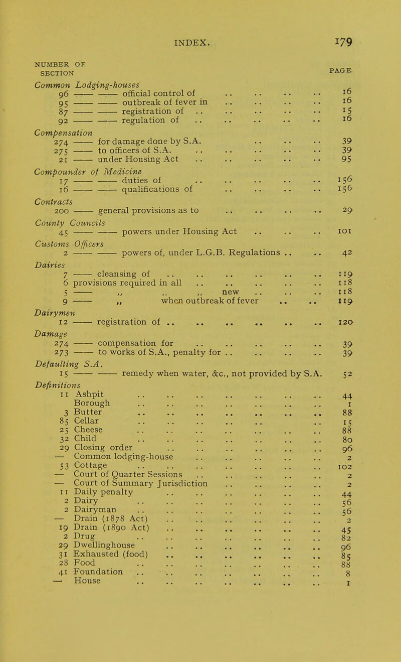 NUMBER OF SECTION Common Lodging-houses 96 95 87 92 official control of outbreak of fever in registration of regulation of Compensation 274 - 27s - 21 — for damage done by S.A. to officers of S.A. under Housing Act Compounder of Medicine 17 duties of 16 qualifications of Contracts 200 general provisions as to County Councils 45 Customs Officers 2 Dairies 7 6 5 - 9 - Dairymen 12 - Damage 274 - 273 - powers under Housing Act powers of, under L.G.B. Regulations cleansing of provisions required in all ,, new „ when outbreak of fever registration of — compensation for to works of S.A., penalty for , Defaulting S.A. 15 remedy when water, &c. not provided by S.A Definitions 11 Ashpit 3 85 25 32 29 53 11 2 2 19 2 29 31 28 41 Borough Butter Cellar Cheese Child Closing order Common lodging-house Cottage Court of Quarter Sessions Court of Summary Jurisdiction Daily penalty Dairy Dairyman Drain (1878 Act) Drain (1890 Act) I^rug Dwellinghouse Exhausted (food) Food Foundation House PAGE 16 16 15 16 39 39 95 156 156 29 lOI 42 119. 118 118 119 120 39 39 52 44 I 88 15 88 80 96 2 102 2 2 44 56 56 2 45 82 96 85 88 8