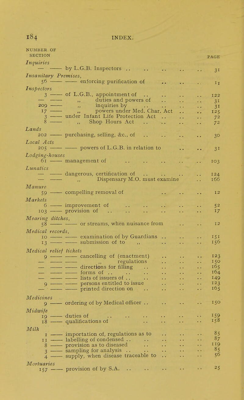 NUMBER OF SECTION Inquiries — by L.G.B. Inspectors ,. Insanitary Premises, 56 enforcing purification of Inspectors 3 of L.G.B., appointment of — ,, duties and powers of 209 ,, inquiries by 17 powers under Med. Char. Act 3 under Infant Life Protection Act .. 8 ,, Shop Hours Act Lands 202 — Local Acts 205 Lodging-houses 61 management of Lunatics purchasing, selling, &c., of .. powers of L.G.B. in relation to dangerous, certification of .. Dispensary M.O. must examine Manure 59 — Markets 6 — 103 — Mearing ditches, 58 Medical records, 10 13 compelling removal of improvement of provision of or streams, when nuisance from examination of by Guardians .. submission of to ,, Medical relief tickets 9 9 cancelling of (enactment) ,, regulations directions for filling forms of .. lists of issuers of .. persons entitled to issue printed direction on Medicines 9 - Midwife 19 - 18 - Milk I - II - 8 - 3 - 4 - Mortuaries 157 provision of by S.A ordering of by Medical officer .. duties of qualifications of importation of, regulations as to labelling of condensed .. provision as to diseased sampling for analysis . . supply, when disease traceable to