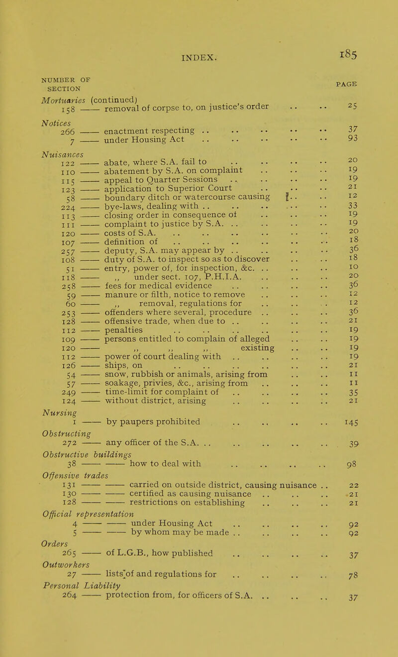 NUMBER OF SECTION Mortuaries (continued) 158 removal of corpse to, on justice s order Notices 266 - 7 - enactment respecting under Housing Act Nuisances 122 110 IIS — 123 58 224 113 111 120 107 257 108 SI — 118 258 59 60 2S3 128 112 109 120 112 126 S4 S7 249 124 Nursing I — Obstructing 272 — Obstructive buildings abate, where S.A. fail to abatement by S.A. on complaint appeal to Quarter Sessions application to Superior Court boundary ditch or watercourse causing bye-laws, deaUng with .. closing order in consequence of complaint to justice by S.A. . . costs of S.A. definition of deputy, S.A. may appear by . . duty of S.A. to inspect so as to discover entry, power of, for inspection, &c. under sect. 107, P.H.I.A. fees for medical evidence manure or filth, notice to remove ,, removal, regulations for offenders where several, procedure oflensive trade, when due to .. penalties persons entitled to complain of alleged existing power of court dealing with ships, on snow, rubbish or animals, arising from soakage, privies, &c., arising from time-limit for complaint of .. without district, arising by paupers prohibited any officer of the S.A. .. 38 O^ensive trades 131 130 128 how to deal with carried on outside district, causing nuisance certified as causing nuisance restrictions on establishing Official representation 4 — 5 — Orders 265 — Outworkers 27 — under Housing Act by whom may be made of L.G.B., how published lists'of and regulations for Personal Liability 264 protection from, for officers of S.A. PAGE 37 93 20 19 19 21 12 33 19 19 20 18 36 18 10 20 36 12 12 36 21 19 19 19 19 21 II II 35 21 145 39 98 22 21 21 92 92 37 78 37