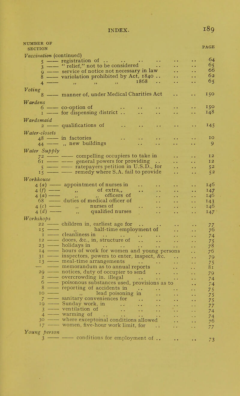 INDEX. 189 NUMBER OF SECTION Vaccination (continued) Voting 5 3 9 — 8 — 4 — 's — Wardens 6 — 1 — Wardsmaid 2 — Water-closets 48 44 Water Supply 72 61 registration of ..  relief, not to be considered service of notice not necessary in law variolation prohibited by Act, 1840 .. 1868 .. manner of, under Medical Charities Act co-option of for dispensing district ,. qualifications of in factories ,, new buildings 5 • IS Workhouse 4 («) 4 (/) 4 (a) 68 4(c) 4 id) compelling occupiers to take in general powers for providing .. ratepayers petition in U.S.D., for remedy where S.A. fail to provide Workshops 22 IS I 12 23 14 31 13 29 2 6 8 10 7 - 19 - 3 - 4 - 30 - 17 Young person 3 appointment of nurses in „ of extra,, ,, ,, officers of duties of medical officer of ,, nurses of qualified nurses children in, earliest age for ,, half-time employment of cleanliness in .. doors, &c., in, structure of holidays in hours of work for women and young person inspectors, powers to enter, inspect, &c. meal-time arrangements memorandum as to annual reports notices, duty of occupier to send overcrowding in. illegal poisonous substances used, provisions as to reporting of accidents in ,, lead poisoning in sanitary conveniences for Sunday work, in ventilation of warming of where exceptoinal conditions allowed women, five-hour work limit, for - conditions for employment of .. PAGE 64 65 66 62 65 150 150 148 145 10 9 12 12 52 52 146 147 146 143 146 147 77 76 74 75 78 76 79 75 81 79 74 74 75 75 75 77 74 74 76 77 73 i