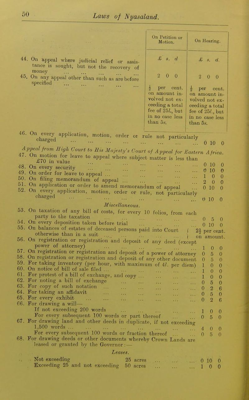 60 On Petition or Motion. On Hearing. 44. On appeal where judicial relief or assis- tance IS sought, but not the recovery of money 45. On any appeal other than such as are before specified £ s. d ■£ d. 2 0 0 2 0 0 1 per cent, on amount in- volved not ex- ceeding a total fee of 25^., but in no case less than 5s. 1 per cent, on amount in- volved not ex- ceeding a total fee of 25/., but in no case less than 5s. 0 10 0 10 1 0 2 0 0 10 0 10 0 0 0 . 0 5 . 0 10 2J per cent, on amount. charged ... particularly ^ ^ Appeal from High Court to His Majesty's Court of Appeal for Eastern Africa. 47. On motion for leave to appeal where subject matter is less than i/70 m value 48. On every security 49. On order for leave to appeal ... 50. On filing memorandum of aj^peal ... 51. On application or order to amend memorandum of appeal 52. On every application, motion, order or rule, not particularlv charged ... ... ... Miscellaneous. 53. On taxation of any bill of costs, for every 10 folios from each party to the taxation ... ... ' 54. On every deposition taken before trial ... ... \\\ 55. On balances of estates of deceased persons paid into Court f otherwise than in a suit ... j 56. On registration or registration and deposit of any deed (except power of attorney) 57. On registration or registration and deposit of a power of attorney 58. On registration or registration and deposit of any other document 59. For taking inventory (per hour, with maximum of U. per diem^ 60. On notice of bill of sale filed 61. For protest of a bill of exchange, and copy .. 62. For noting a bill of exchange 63. For copy of such notation 64. For taking an affidavit 65. For every exhibit 66. For drawing a will— If not exceeding 200 words For every subsequent 100 words or part thereof 67. For drawing land and other deeds in duplicate, if not exceeding 1,500 words ... For every subsequent 100 words or fraction thereof 68. For drawing deeds or other documents whereby Crown Lands are leased or granted by the Governor: — Leases. Not exceeding 25 acres 1 0 0 1 1 1 0 0 0 0 1 0 4 0 0 5 5 0 0 0 5 2 5 2 0 5 0 5 0 0 0 0 0 0 0 6 0 6 0 0 0 0 0 10 0