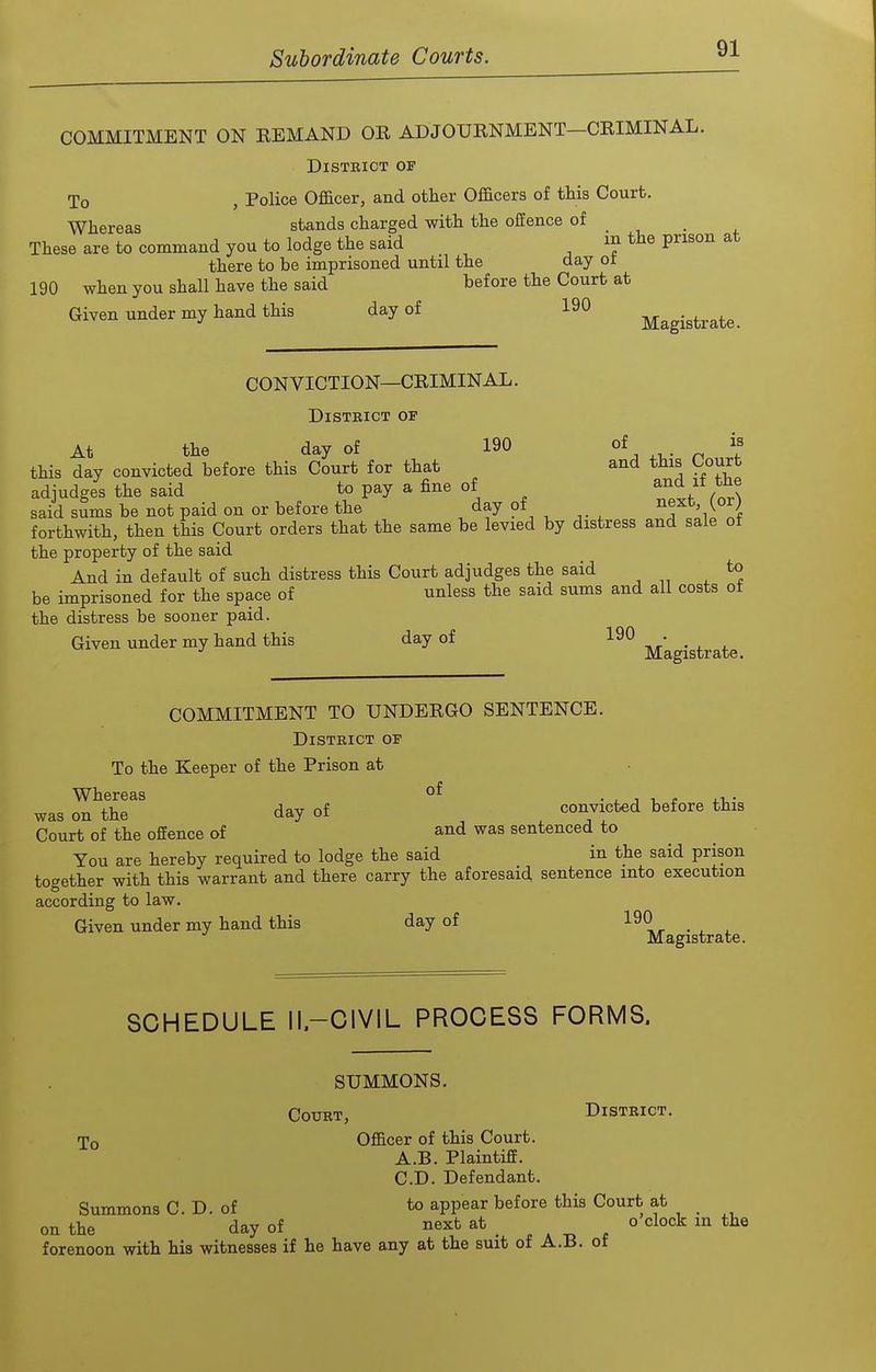 COMMITMENT ON REMAND OE ADJOURNMENT—CRIMINAL. DiSTBIOT OE To , Police Officer, and other Officers of this Court. Whereas stands charged with the offence of _ These are to command you to lodge the said the prison at there to be imprisoned until the day or when you shall have the said before the Court at Given under my hand this day of 190 190 Magistrate. CON VICTION—CRIMINAL. District of At the day of 190 of is this day convicted before this Court for that and this Court adjudges the said to pay a fine of ^r^ said sums be not paid on or before the , ?^ ^. , ! 'li 2 forthwith, then this Court orders that the same be levied by distress and sale ot the property of the said And in default of such distress this Court adjudges the said to be imprisoned for the space of unless the said sums and all costs of the distress be sooner paid. Given under my hand this day of 190 Magistrate. COMMITMENT TO UNDERGO SENTENCE. District of To the Keeper of the Prison at was on the day of convicted before this Court of the offence of and was sentenced to You are hereby required to lodge the said in the said prison together with this warrant and there carry the aforesaid sentence into execution according to law. Given under my hand this day of 190 _ Magistrate. SCHEDULE ll-CIVIL PROCESS FORMS. SUMMONS. Court, District. To Officer of this Court. A.B. Plaintiff. CD. Defendant. Summons C. D. of to appear before this Court at on the day of next at o clock in the forenoon with his witnesses if he have any at the suit of A.B. of