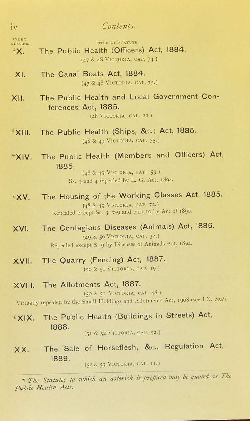 INDEX NUMBER. Tl lLE OK STATUTIi. *X. The Public Health (Officers) Act, 1884. (47 & 48 Victoria, cap. 74.) XI. The Canal Boats Act, I884-. (47 & 48 Victoria, cav. 75.) XII. The Public Health and Local Government Con- ferences Act, 1885. (48 Victoria, cap. 22.) *XIII. The Public Health (Ships, &c.) Act, 1885. (48 & 49 Victoria, cap. 35.) *XIV. The Public Health (Members and Officers) Act, 1835. (48 & 49 Victoria, cap. 53 ) Ss. 3 and 4 repealed by L. G. Act, 1894. *XV, The Housing of the Working Classes Act, 1885. (48 & 49 Victoria, cap. 72.) Repealed except Ss. 3, 7-9 and part 10 by Act of 1890. XVI. The Contagious Diseases (Animals) Act, 1886. (49 & 50 Victoria, cap. 32.) Repealed except S. 9 by Diseases of Animals Act, 1894. XVII. The Quarry (Fencing) Act, 1887. (50 & 51 Victoria, cap. 19 ) XVIII. The Allotments Act, 1887. (50 & 51 Victoria, cap. 48.) Virtually repealed by the Small Holdings and Allotments Act, 1908 (see L.V. fo^t)- *XIX. The Public Health (Buildings in Streets) Act, 1888. (51 & 52 Victoria, cap. 52.) XX. The Sale of Horseflesh, &c., Regulation Act, 1889. (52&S3 Victoria, cap. 11.) * The Statutes to which an asterisk is prefixed may be quoted as T/ie