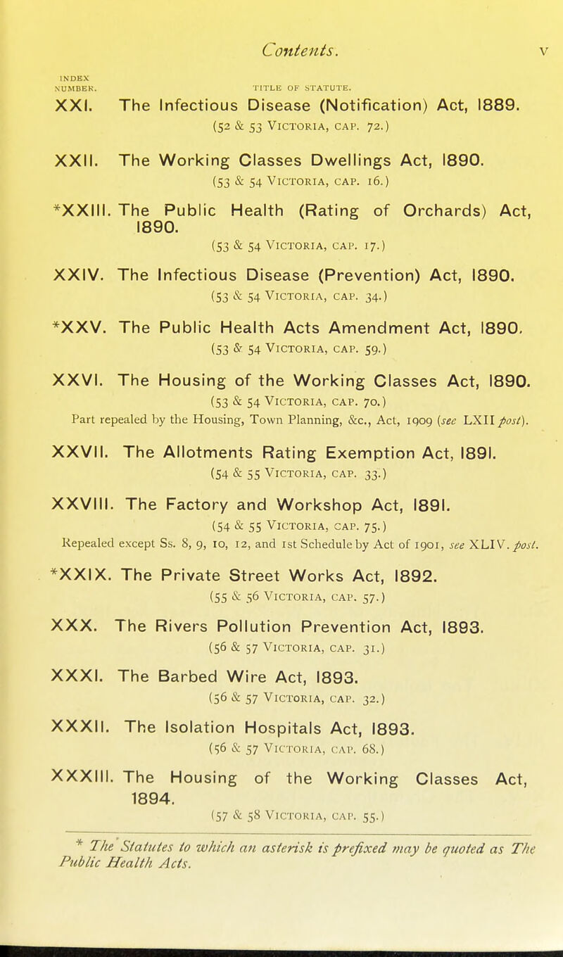 INDEX NUMBER. TITLE OF STATUTE. XXI. The Infectious Disease (Notification) Act, 1889. (52 & 53 Victoria, cap. 72.) XXII. The Working Classes Dwellings Act, 1890. (53 & 54 Victoria, cap. i6.) *XXIII. The Public Health (Rating of Orchards) Act, 1890. (53 & 54 Victoria, cap. 17.) XXIV. The Infectious Disease (Prevention) Act, 1890. (53 & 54 Victoria, cap. 34.) *XXV. The Public Health Acts Amendment Act, 1890, (53 54 Victoria, cap. 59.) XXVI. The H ousing of the Working Classes Act, 1890. (53 & 54 Victoria, cap. 70.) Part repealed by the Housing, Town Planning, &c., Act, iqog (see LXII posl). XXVII. The Allotments Rating Exemption Act, 1891. (54 & 55 Victoria, cap. 33.) XXVIII. The Factory and Workshop Act, 1891. (54 & 55 Victoria, cap. 75.) Repealed except Ss. S, 9, 10, 12, and ist Schedule by Act of 1901, see XLlV.Jiosl. *XXIX. The Private Street Works Act, 1892. (55 -^ 56 Victoria, cap. 57.) XXX. The Rivers Pollution Prevention Act, 1893. (56 & 57 Victoria, cap. 31.) XXXI. The Barbed Wire Act, 1893. (56 & 57 Victoria, cap. 32.) XXXII. The Isolation Hospitals Act, 1893. (56 & 57 Victoria, c:ap. 68.) XXXIII. The Housing of the Working Classes Act, 1894. (57 & 58 Victoria, cap. 55.) * T/te Statutes to which an asterisk is prefixed may be quoted as The