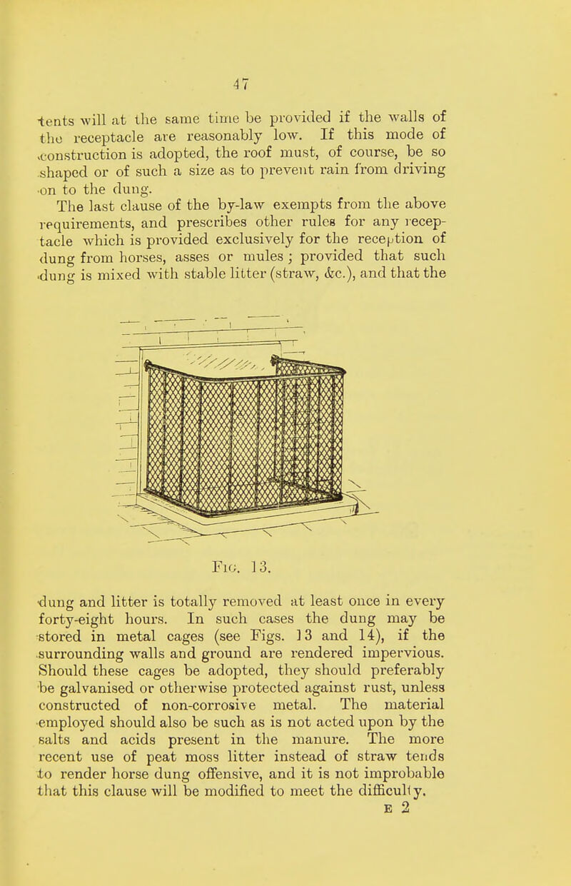 ■tents will at the same time be provided if the walls of the receptacle are reasonably low. If this mode of construction is adopted, the roof must, of course, be so shaped or of such a size as to prevent rain from driving ■on to the dung. The last clause of the by-law exempts from the above requirements, and prescribes other rules for any recep- tacle which is provided exclusively for the reception of dung from horses, asses or mules; provided that such ■dung is mixed with stable litter (straw, &c), and that the Fig. 13. dung and litter is totally removed at least once in every forty-eight hours. In such cases the dung may be stored in metal cages (see Figs. 13 and 14), if the surrounding walls and ground are rendered impervious. Should these cages be adopted, they should preferably be galvanised or otherwise protected against rust, unless constructed of non-corrosive metal. The material ■employed should also be such as is not acted upon by the salts and acids present in the manure. The more recent use of peat moss litter instead of straw tends to render horse dung offensive, and it is not improbable that this clause will be modified to meet the difficult y. e 2