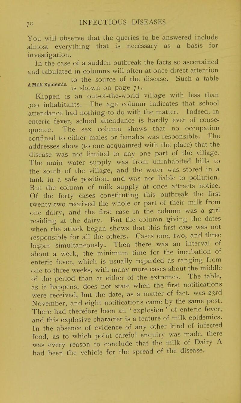You will observe that the queries to be answered include almost everything that is necessary as a basis for investigation. In the case of a sudden outbreak the facts so ascertained and tabulated in columns will often at once direct attention to the source of the disease. Such a table A Milk Epidemic. . , ^ IS shown on page 71. Kippen is an out-of~the-world village with less than 300 inhabitants. The age column indicates that school attendance had nothing to do with the matter. Indeed, in enteric fever, school attendance is hardly ever of conse- quence. The sex column shows that no occupation confined to either males or females was responsible. The addresses show (to one acquainted with the place) that the disease was not limited to any one part of the village. The main water supply was from uninhabited hills to the south of the village, and the water was stored in a tank in a safe position, and was not liable to pollution. But the column of milk supply at once attracts notice. Of the forty cases constituting this outbreak the first twenty-two received the whole or part of their milk from one dairy, and the first case in the column was a girl residing at the dairy. But the column giving the dates when the attack began shows that this first case was not responsible for all the others. Cases one, two, and three began simultaneously. Then there was an interval of about a week, the minimum time for the incubation of enteric fever, which is usually regarded as ranging from one to three weeks, with many more cases about the middle of the period than at either of the extremes. The table, as it happens, does not state when the first notifications were received, but the date, as a matter of fact, was 23rd November, and eight notifications came by the same post. There had therefore been an ' explosion ' of enteric fever, and this explosive character is a feature of milk epidemics. In the absence of evidence of any other kind of infected food, as to which point careful enquiry was made, there was every reason to conclude that the milk of Dairy A had been the vehicle for the spread of the disease.