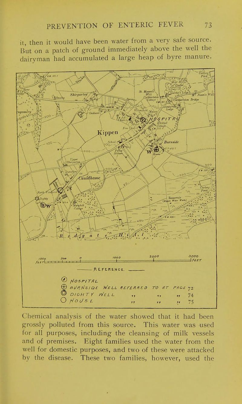 it, then it would have been water from a very safe source. But on a patch of ground immediately above the well the dairyman had accumulated a large heap of byre manure. ,R t F E. R E N C E. ® f^OSPITflU ® bU F{ his IOE Well HEFeHRto ro /it ppce 72 ® DIOHTY y^ELL „ 74 O ^oUs L „ „ 75 t. - ^ Chemical analysis of the water showed that it had been grossly polluted from this source. This water was used for all purposes, including the cleansing of milk vessels and of premises. Eight families used the water from the well for domestic purposes, and two of these were attacked by the disease. These two families, however, used the