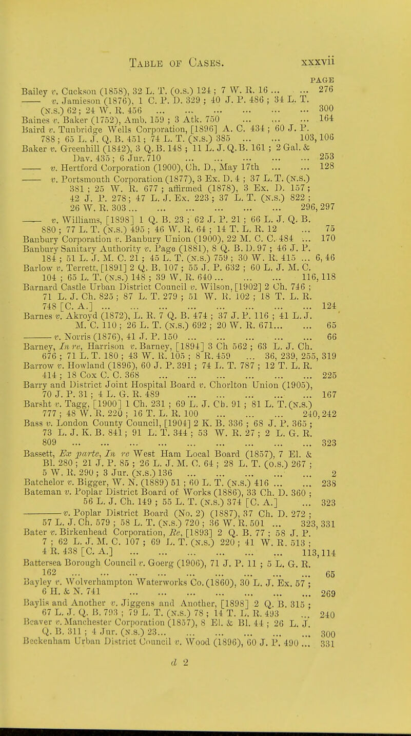 PAGE Bailey v. Ciicksou (185S), 32 L. T. (o.s.) 12i ; 7 W. K. 16 ... ... 276 v. Jamieson (1876), 1 C. P. D. 329 ; -10 J. T. 486 ; 34 L, T. (N.S.) 62; 2-t W. 11. 456 300 Baines v. Baker (17o2), Amb. 151) ; 3 Atk. 750 164 Baird r. Tunbriclge Wells Corporation, [1896] A. C. 434 ; 60 J. T. 788 ; 65 L. J. Q. B. 451; 74 L. T. (N.S.) 385 103,106 Baker v. Greenhill (1842), 3 Q. B. 148 ; 11 L. J. Q.B. 161 ; 2 Gal. & Dav. 435 ; 6 Jur.710 253 V. Hertford Corporation (1900), Ch. D., May 17th 128 15. Portsmouth Corporation (1877), 3 Ex. U. 4 ; 37 L. T. (N.S.) 381 ; 25 W. 11. 677 ; affirmed (1878), 3 Ex. D. 157; 42 J. P. 278; 47 L. J. Ex. 223 ; 37 L. T. (N.S.) 822 ; 26 W. K. 303 296, 297 V. Williams, [1S98] 1 Q. B. 23 ; 62 J. P. 21 ; 66 L. J. Q. B. 880 ; 77 L. T. (N.S.) 495 ; 46 W. K. 64 ; 14 T. L. E. 12 ... 75 Baubiiry Corporation t. Banbury Union (1900), 22 M. C. C. 484 ;.. 170 Banbury Sanitary xVuthority v. Page (1881), 8 Q. B. D. 97 ; 46 J. P. 184 ; 51 L. J. M. C. 2i ; 45 L. T. (N.S.) 759 ; 30 W. li. 415 ... 6, 46 Barlow v. Terrett, [1891] 2 14. B. 107 ; 55 J. P. 632 ; 60 L. J. M. C. 104 ; 65 L. T. (N.S.) 148 ; 39 W. R. 640 116,118 Barnard Castle Urban District Council v. Wilson, [1902] 2 Ch. 746 ; 71 L. J. Ch. 825 ; 87 L. T. 279 ; 51 W. P. 102 ; 18 T. L. R. 748 [C A ] .. 124 BarnesV Akroyd (1872), L. R. 7 Q. Br474 ; 37 J. P.116 ;'41 L. J. M. C. 110 ; 26 L. T. (N.S.) 692 ; 20 W. R. 671 65 r. Norris (1876), 41 J. P. 150 66 Barney, Inre, Harrison f. Barney, [1894] 3 Ch 562 ; 63 L. J. Ch. 676 ; 71 L. T. 180 ; 43 W. R. 105 ; 8 R. 450 ... 36, 239, 255, 319 Barrow v. Howland (1896), 60 J. P. 391 ; 74 L. T. 787 ; 12 T. L. R. 414 ; 18 Cox C. C. 368 225 BaiTy and District Joint Hospital Board v. Chorlton Union (1905), 70 J. P. 31 ; 4 L. G. R. 489 167 Barsht v. Tagg, [1900] 1 Ch. 231 ; 69 L. J. Cb. 91 ; 81 L. T.(N.S.) 777 ; 48 W. R. 220 ; 16 T. L. R. 100 240,242 Bass V. London County Council, [1904] 2 K. B. 336 ; 68 J. P. 365 ; 73 L. J. K. B. 841; 91 L. T. 344 ; 53 W. R. 27 ; 2 L. G. R. 809 323 Bassett, Ex 2Jarte^ In re West Ham Local Board (1857), 7 El. & Bl. 280 ; 21 J. P. 85 ; 26 L. J. M. C. 64 ; 28 L. T. (o.S.) 267 ; 5 W. R. 290 ; 3 Jur. (N.S,) 136 ... 2 Batchelor v. Bigger, W. N. (1889) 61 ; 60 L. T. (N.S.) 416 238 Bateman v. Poplar District Board of Works (1886), 33 Ch. D. 360 ; 56 L. J. Ch. 149 ; 55 L. T. (N.S.) 374 [C. A.] ... 323 V. Poplar District Board (No. 2) (1887), 37 Ch. D. 272 ; 57 L. J. Ch. 579 ; 58 L. T. (N.S.) 720 ; 36 W. R. 501 ... 323, 331 Bater y. Birkenhead Corporation, Be. [1893] 2 Q. B. 77 ; 58 J. P. 7 ; 62 L. J. M. C. 107 ; 69 L. t. (n.s.) 220 ; 41 W. R. 513 ; 4 R. 4.38 [C. A.] 113, IH Battersea Borough Council r. Goerg (1906), 71 J, P. 11 ; 5 L. G. R. 162 65 Bayley r. Wolverhampton Waterworks Co. (1860), 30 L. J. Ex. 57 ; 6H.&N. 741 269 Baylia and Another v. Jiggens and Another, [1898] 2 Q. B. 315 • 67 L. J. Q. B. 793 ; 79 L. T. (N.S.) 78 ; 14 T. L. R. 493 ... 240 Beaver ('.Manchester Corporation (1857), 8 El. & Bl. 44 ; 26 L J Q.B. 311; 4 Jur. (N.S.) 23 [ SOO Beckenham Urban District Cmuicil v. Wood (1896), 60 J. P. 490 ... 331 d 2