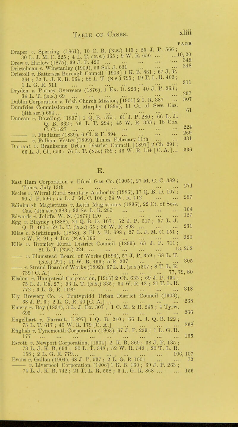PAOB Draper i: Sperring (1S61), 10 C. B. (N-S.) 113 ; 25 J. 1\ 566 ; 30 L. J. M. C. 225 ; 4 L. T. (N.s.) 365 ; 9 W. 11. 650 10, 20 Drew r. Harlow (1875), 39 J. P. 420 - Drieselnmn r. Winstanley (1909), 53 Sol. J. 631 ... ... ••• Driscoll r. Battersea Borough Council [1903] 1 Iv. B. 881 ; 67 . . 1. 264 ; 72 L. J. K. B. 564 ; 88 L. T. (N.S.) 795 ; 19 T. L. K. 403 ; IIjGR-oH '** * ... oii Dryden'*f. Putney Over.=eers (1876), 1 Ex. I). 223 ; 40 J. P. 263 ; 34 L. T. (n.s.) 69 ... ... ... ••• •■• ••• •■• 7 Dublin Corporation r. Irish Church Mission, [1901] 2 I. K. 387 ... 307 Dumfries Commissioners v. Murphy (1884), 11 Ct. of Sess. Cas. (4th ser.) 694 •■• • -r t Duncan i-. Dowding, [1897] 1 Q. B. 575 ; 61 J. P. 280 ; 66 L. J- Q B. 362 ; 76 L. T. 294 ; 45 W. K. 383 ; 18 Cox C. C. 527 v. Findlater (1839), 6 CI. & F. 894 269 r. Fulham Vestry (1899), Times, February 11th 331 Durrant v. Brauksome Urban District Council, [1897] 2'Ch. 291 ; 66 L. J. Ch. 653 ; 76 L. T. (n.s.) 739 ; 40 W. R. 134 [C. A.]... 336 61 224 B. East Ham Corporation v. Ilford Gas Co. (1905), 27 M. C. C. 389 ; Times, July 13th 271 Eccles f. Wirral Kural Sanitary Authority (1886), 17 Q. B. D, 107 ; .50 J. P. 596 ; 55 L. J. M. C. 100 ; 34 W. 11. 412 297 Edinburgh Magistrates v. Leith Magistrates (1896), 22 Ct. of Sess. Cas. (4th ser.) 383 ; 33 Sc. L. 11. 285 164 Edwards r. Joliife, W. N. (1877) 120 127 Egg r. Blayney (1888). 21 Q. B. D. 107 ; 52 J. P. 517 ; 57 L. J. Q. B. 460 ; 59 L. T. (n.s.) 65 ; 36 W. 11. 893 231 Elias v. Nightingale (1858), 8 El. & BI. 098 ; 27 L. J. M. C. 151 ; 0 W. R. 91 ; 4 Jur. (n.s.) 166 320 Ellis «. Bromley Rural District Council (1899), 63 J. P. 711 ; 81 L,T. (N.s.) 224 13,252 i: Plumstead Board of Works (1893), 57 J. P. 359 ; 68 L. T. (N.s.) 291 ; 41 W. li. 496 ; 5 H. 237 305 r. Strand Board of Works (1892), 67L. T. (N.S.) 307 ; 8 T. L. R. 739 [C. A.] 77,79,80 Elsdon V. Hampstead Corporation, [19U5] 2 Ch. 633 ; 09 J. P. 434 ; 75 L. J. Ch. 27 : 93 L. T. (n.s.) 335 ; 54 VV. R. 42 ; 21 T. L. R. 772 ; 3 L. G. R. 1199 318 Ely Brewery Co. i;. Pontypridd Urban District Council (1903), 68 J. P. 3 ; 2 L. G. K. 40 [C. A.] 268 Emery v. Day (1834), 3 L. J. Ex. 307 ; 1 C. M. &; R. 245 ; 4 Tyrw. 695 266 Engelhart r. Farrant, [1897] 1 Q. B. 240 ; 06 L. J. Q. B. 122 ; 75 L. T. 617 ; 45 W. R. 179 [C. A.] 268 English f. Tynemouth Corporation (1903), 67 J. P. 239 ; 1 L. G. K. 177 166 Eseott V. Newport Corporation. [1904] 2 K. B. 369 ; 68 J. P. 135 ; 73 L. J, K. B. 693 ; 90 L. T. 348 ; 52 W. R. 543 ; 20 T. L. li. 158 ; 2 L. G. R. 779 100, 107 Evans v. Gallon (1904), 68 J. P. 537 ; 2 L. G. R. 1004 72 V. Liverpool Corporation, []<)00] 1 K. B. 100 ; 09 J. P. 263 ; 74 L. J. K. B, 742 ; 21 T. L. R. 558 ; 3 L. G. R. 808 156