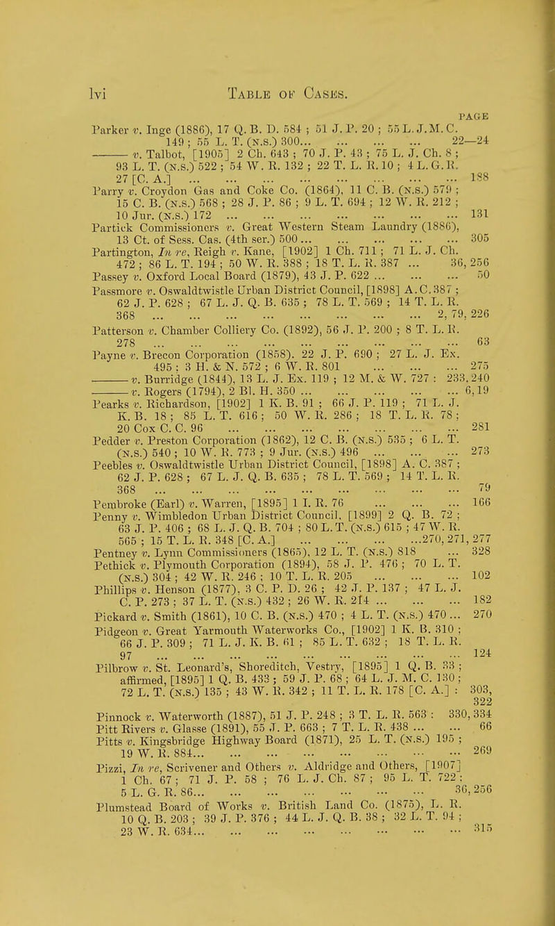 PAGE Parker v. Inge (1886), 17 Q. B. D. 58i ; 01 J. P. 20 ; 55L.J.M.C. 149 ; 55 L. T. (N.S.) 300 22—24 V. Talbot, [1905] 2 Ch. G43 ; 70 J. P. 43 ; 75 L. J. Ch. 8 ; 93 L. T. (N.S.) 522 ; 54 W. R. 132 ; 22 T. L. K. 10 ; 4 L. G.K. 27 [C. A.] 1S8 Parry v. Croydon Gas and Coke Co. (1864), 11 C. B. (N.S.) 579 ; 15 C. B. (N.S.) 568 ; 28 J. P. 86 ; 9 L. T. 694 ; 12 W. R. 212 ; 10 Jur. (N.S.) 172 131 Partick Commissioners v. Great Western Steam Laundry (1886), 13 Ct. of Sess. Cas. (4th ser.) .500 305 Partington,re, Reigh r. Kane, [1902] ICh. 711; 71 L. J. Ch. 472 ; 86 L. T. 194 ; .50 W. R. 388 ; 18 T. L. K. 387 ... 36, 256 Passey v. Oxford Local Board (1879), 43 J. P. 622 50 Passmore v. Oswaldtwistle Urban District Council, [1898] A.C.387 ; 62 J. P. 628 ; 67 L. J. Q. B. 635 ; 78 L. T. 569 ; 14 T. L. R. 368 2, 79, 226 Patterson t: Chamber Colliery Co. (1892), 56 J. P. 200 ; 8 T. L. R. 278 63 Payne f. Brecon Corporation (1858). 22 J. P. 690 ; 27 L. J. E.\. 495 : 3 H. & N. 572 ; 6 W. R. 801 ... 275 V. Burridge (1844), 13 L. J. Ex. 119 ; 12 M. & W. 727 : 233.240 r. Rogers (1794), 2 Bl. H. 350 6,19 Pearks v. Richardson, [1902] 1 K. B. 91 ; 66 J. P. 119 ; 71 L. J. K. B. 18; 85 L. T. 616; 50 W. R. 286; 18 T. L. R. 78; 20 Cox C. C. 96 281 Redder v. Preston Corporation (1862), 12 C. B. (N.S.) 535 ; 6 L. T. (N.S.) 540 ; 10 W. R. 773 ; 9 Jur. (n.s.) 496 273 Peebles v. Oswaldtwistle Urban District Council, [1898] A. C. 387 ; 62 J. P. 628 ; 67 L. J. Q. B. 635 ; 78 L. T. 569 ; 14 T. L. R. 368 Pembroke (Earl) v. Warren, [1895] 1 I. R. 76 166 Penny v. Wimbledon Urban District Council. [1899] 2 Q. B. 72 : 63 J. P. 406 ; 68 L. J. Q. B. 704 ; 80 L.T. (n.S.) 615 ; 47 W. R. 565 ; 15 T. L. R. 348 [C. A.] 270, 271, 277 Pentney v. Lynn Commissioners (1865), 12 L. T. (n.s.) 818 ... 328 Pethick V. Plymouth Corporation (1894), 58 J. P. 476 ; 70 L. T. (N.S.) 304 ; 42 W. R. 246 ; 10 T. L. R. 205 102 Phillips V. Henson (1877). 3 C. P. D. 26 ; 42 J. P. 137 ; 47 L. J. C. P. 273 ; 37 L. T. (N.S.) 432 ; 26 W. R. 2I4 182 Pickard v. Smith (1861), 10 C. B. (n.s.) 470 ; 4 L. T. (n.s.) 470 ... 270 Pidgeon v. Great Yarmouth Waterworks Co., [1902] 1 K. B. 310 ; 66J. P. 309; 71 L. J. K. B. 61 ; 85 L. T. 632 ; 18 T. L. R. 97 124 Pilbrow V. St. Leonard's, Shoreditch, Vestry, [1895] 1 Q. B. 33 ; affirmed, [1895] 1 Q. B. 433 ; 59 J. P. 68 ; 64 L. J. M. C. 130 ; 72 L. T. (N.S.) 135 ; 43 W. R. 342 ; 11 T. L. R. 178 [C. A.] : 303, 322 Pinnock V. Waterworth (1887), 51 J. P. 248 ; 3 T. L. R. 563 : 330, 334 Pitt Rivers v. Glasse (1891), 55 .T. P. 663 ; 7 T. L. R. 438 66 Pitts V. Kingsbridge Highway Board (1871), 25 L. T. (N.s.) 195 ; 19 W. R. 884 269 Pizzi, J/i re, Scrivener and Others v. Aldridge and Others, [1907] 1 Ch. 67 ; 71 J. P. 58 ; 76 L. J. Ch. 87 ; 95 L. T. 722 : 5 L. G. R. 86 30, 256 Plumstead Board of Works v. British Land Co. (1875), L. R. 10 Q. B. 203 ; 39 J. P. 376 ; 44 L. J. Q. B. 38 ; 32 L. T. 94 ; 23W. R. 634 -^l'''