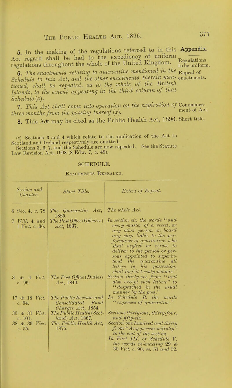 5 In the making of the regulations referred to m this Act' regard shall be had to the expediency of uniform regulations throughout the whole of the United Kmgdom. 6. The enactments relating to quarantine mentioned in the Schedule to this Act, and the other enactments therein men- tioned, shall be repealed, as to the lohole of the British Islands, to the extent appearing in the third column of that Schedtde (z). 7. This Act shall come into operation on the expiration of three months from the passing thereof (z). 8. This Acrt may be cited as the Public Health Act, 1896. Appendix. Regulations to be uniform. Repeal of enactments. Commence- ment of Act. Short title. (z) Sections 3 and 4 which relate to the application of the Act to Scotland and Ireland respectively are omitted. „ ^ * Sections 3, 6, 7, and the Schedule are now repealed. See the Statute Law Revision Act, 1908 (8 Edw. 7, c. 49). SCHEDULE. Enactments Repealed. Session and Chapter. 6 Geo. 4, c. 78 7 Will. 4 and 1 Vict. c. 36. S ct 4 Vict, c. 96. 17 cfc 18 Vict, c. 94. 30 it- 31 Vict. c. 101. 38 cfc 39 Vict. c. 55. Short Title. The Quarantine Act, 1825. The Fast Office (Offences) Act, 1837. The Post Office (Duties) Act, 1840. The Public Revenue and Consolidated Fund Charges Act, 1854. The Public Health (Scot- land) Act, 1867. The Public Health Act, 1875. Extent of Repeal. The lohole Act. In section six the loords ^'and every master of a vessel, or any other person on hoard any ship) liable to the per- formance of quarantine, who shall neglect or refuse to deliver to the person or per- sons appointed to superin- tend the quarantine all letters in his possession, shall forfeit twenty pounds. Section thirty-six from ''and also except such letters to '' despatched in the umal manner by the post. In Schedule B. the mords  ex2Jenses of quarantine. Sections thirty-one, thirty-four, and fifty-six. Section one hundred and thirty from Any person wilfully to the end of the section. In Part III of Schedule V. the -words re-enacting 29 <€• 30 Vict. c. 90, ss. 51 'and 52,