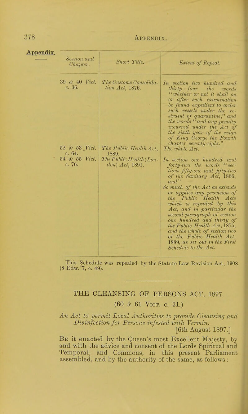 Appendix. Session and Chapter. 39 cf.' 40 Vict, c. 36. 52 du 53 Vict. c. 64. 54 cfr 55 Vict. c. 76. Shm-t Title. The Customs Consolida- tion Act, 1876. The Public Health Act, 1889. The Public Health (Lon- don) Act, 1891. Extent of Repeal. In section tivo hundred and thirty - fcnir the v^ords '' whether or not it shall on or after such examination be fotmd expedient to order such vessels under the re- straint of quarantine, and the words  and any penalty incurred under the Act of the sixth year of the reiyn of King George the Fourth chapter seventy-eight. The ivhole Act. In section one hundred and forty-two the words sec- tions fifty-one and fifty-tmo of the Sanitary Act, 1866, and So mxich of the Act as extends or applies any provision of the Public Health Acts ivhich is repealed by thit Act, and in particular the second paragraph of section one hundred and thirty of the Public Health Act, 1875, and the ivhole of section two of the Public Health Act, 1889, as set out in the First Schedide to the Act. This Schedule was repealed by the Statute Law Re%asion Act, 1908 (8 Edw. 7, c. 49). THE CLEANSING OF PEESONS ACT, 1897. (60 & 61 Vict. c. 31.) An Act to ]permit Local Authorities to 'provide Cleansing and Disinfection for Persons infested with Vermin. [6th August 1897.] Be it enacted by the Queen's most Excellent Majesty, by and with the advice and consent of the Lords Spiritual and Temporal, and Commons, in this present Parliament assembled, and by the authority of the same, as follows :