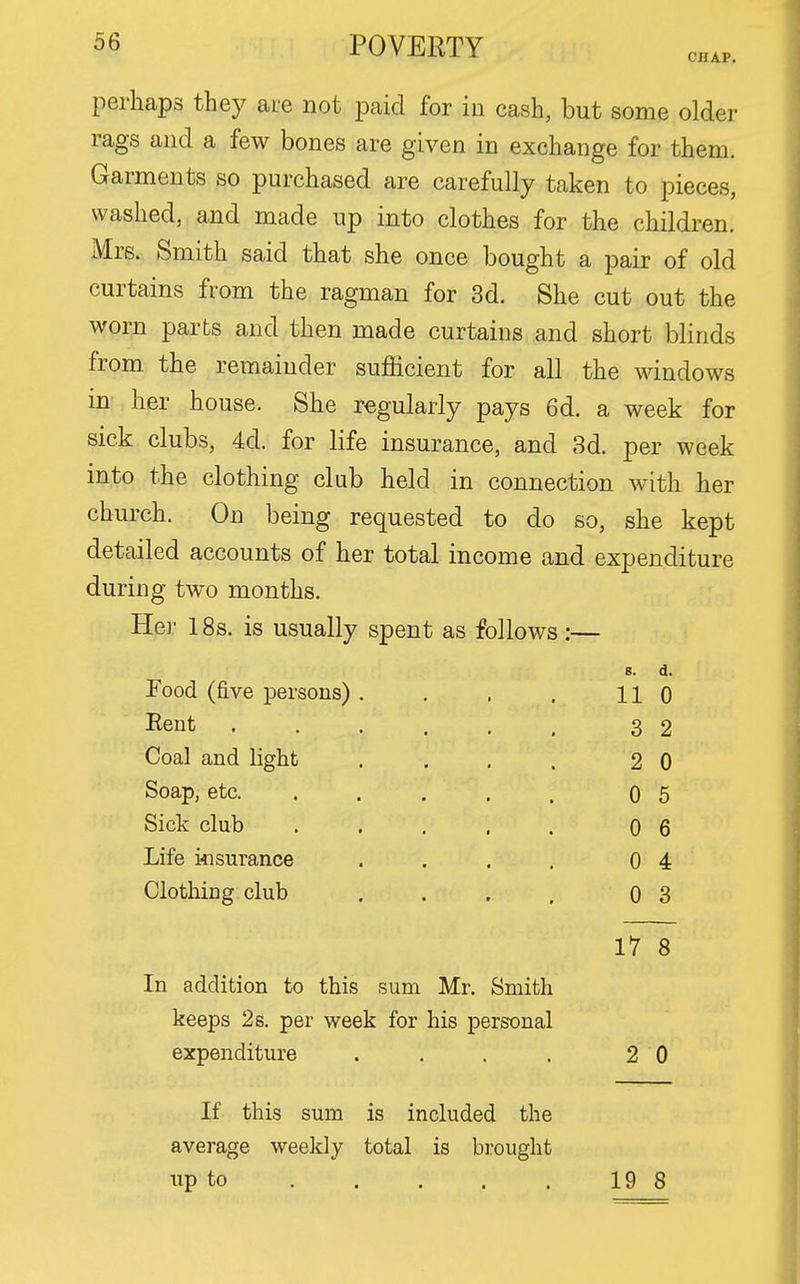 CHAP. perhaps they aie not paid for in cash, but some older rags and a few bones are given in exchange for them. Garments so purchased are carefully taken to pieces, washed, and made up into clothes for the children. Mrs. Smith said that she once bought a pair of old curtains from the ragman for 3d. She cut out the worn parts and then made curtains and short blinds from the remainder sufficient for all the windows in her house. She regularly pays 6d. a week for sick clubs, 4d. for life insurance, and 3d. per week into the clothing club held in connection with her church. On being requested to do so, she kept detailed accounts of her total income and expenditure during two months. Her 18s. is usually spent as follows:— Food (five persons) .... 8. 11 d. 0 Eent ...... 3 2 Coal and Hght .... 2 0 Soap, etc. ..... 0 5 Sick club ..... 0 6 Life i4isurance .... 0 4 Clothing club .... 0 3 17 8 In addition to this sum Mr. Smith keeps 26. per week for his perisonal expenditure .... 2 0 If this sum is included the average weelcly total is bi:ought up to 19 8