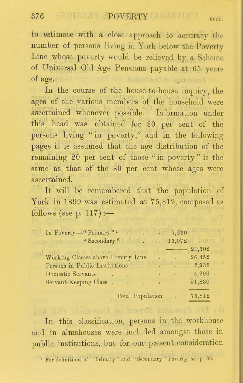 8upr. to estimate with a close approach to accuracy the number of persons living in York below the Poverty Line whose poverty would be relieved by a Scheme of Universal Old Age Pensions payable at 65 years of age. In the course of the house-to-house inquiry, the ages of the various members of the household were ascertained whenever possible. Information under this head was obtained for 80 per cent of the persons living in poverty/' and in the following pages it is assumed that the age distribution of the remaining 20 per cent of those  in poverty  is the sanie as that of the 80 per cent whose ages were ascertained. It will be remembered that the population of York in 1899 was estimated at 75,812, composed as follows (see p. 117):— In Poverty— Primary 1 . . . 7,230 Secondary . . . 13,072 20,302 Working Classes above Poverty Line . . 26,452 Persona in Public Institutions . • . 2,932 Domestic Servants . . . • • 4,296 Servant-Keeping Class . . . . • 21,830 Total Population . 75,812 In this classification, persons in the workhouse and in almshouses were included amongst those in public institutions, but for our present consideration ' For definitions of  rriinaiy  and Secondary  Poverty, soe p. 86.