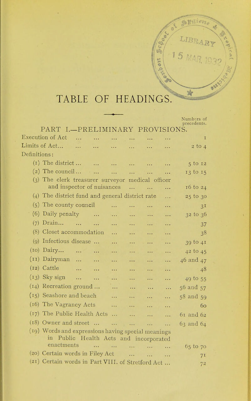 Numbers of precedents. PART I.—PRELIMINARY PROVISIONS. Execution of Act i Limits of Act 2 to 4 Definitions: (1) The district... ... ... ... ... ... 5 to 12 (2) The council... ... ... ... ... ... 13 to 15 (3) The clerk treasurer surveyor medical officer and inspector of nuisances ... ... ... 16 to 24 (4) The district fund and general district rate ... 25 to 30 (5) The county council 31 (6) Daily penalty 32 to 36 (7) Drain 37 (8) Closet accommodation ... ... ... ... 38 (9) Infectious disease 39 to 41 (10) Dairy 42 to 45 (11) Dairyman 46 and 47 (12) Cattle 48 (13) Sky sign 49 to 55 (14) Recreation ground ... 56 and 57 (15) Seashore and beach 58 and 59 (16) The Vagrancy Acts 60 (17) The Public Health Acts 61 and 62 (18) Owner and street 63 and 64 (ig) Words and expressions having special meanings in Public Health Acts and incorporated enactments 65 to 70 (20) Certain words in Filey Act 71 (21) Certain words in Part VHI. of Strctford Act ... 72