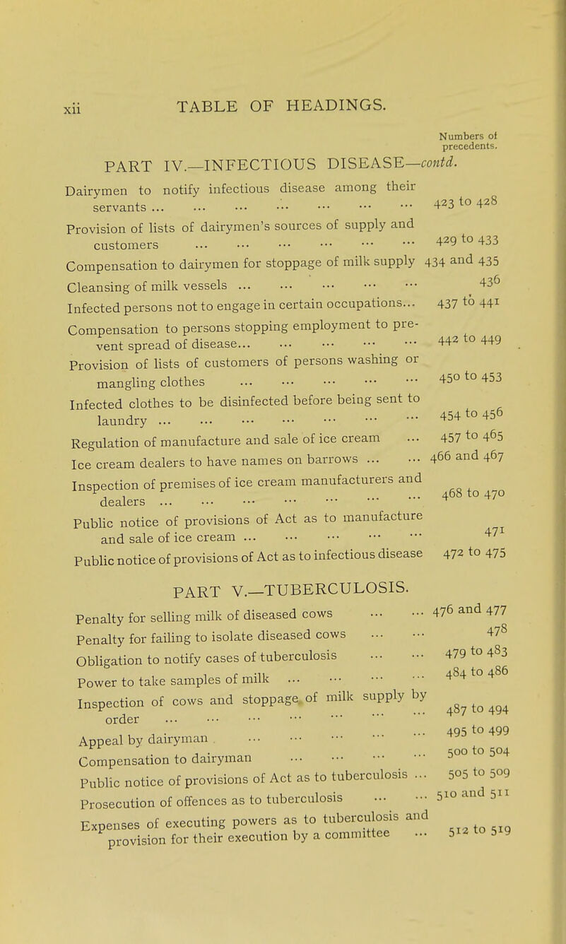 Numbers of precedents. PART IV.—INFECTIOUS DISEASE—cw^i. Dairymen to notify infectious disease among their servants 42310428 Provision of lists of dairymen's sources of supply and customers 429 to 433 Compensation to dairymen for stoppage of milk supply 434 and 435 Cleansing of milk vessels ^ 43^ Infected persons not to engage in certain occupations... 437 to 441 Compensation to persons stopping employment to pre- vent spread of disease 442 to 449 Provision of lists of customers of persons washing or mangling clothes 450 to 453 Infected clothes to be disinfected before being sent to laundry 454 to 456 Regulation of manufacture and sale of ice cream ... 457 to 465 Ice cream dealers to have names on barrows 466 and 467 Inspection of premises of ice cream manufacturers and dealers ° Public notice of provisions of Act as to manufacture and sale of ice cream ^'^^ Public notice of provisions of Act as to infectious disease 472 to 475 PART v.—TUBERCULOSIS. Penalty for selling milk of diseased cows 476 and 477 Penalty for failing to isolate diseased cows 478 Obligation to notify cases of tuberculosis 479 to 483 Power to take samples of milk ... 48410486 Inspection of cows and stoppage of milk supply by order Appeal by dairyman Compensation to dairyman Public notice of provisions of Act as to tuberculosis ... 505 to 509 Prosecution of offences as to tuberculosis ... - 510 and 511 Expenses of executing powers as to tuberculosis and provision for their execution by a committee ... 512 to 519 495 to 499 500 to 504