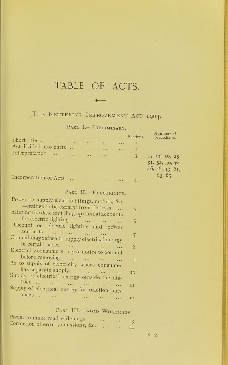 TABLE OF ACTS. The Kettering Improvement Act 1904. Part I.—Preliminary. Numbers of Short title ^''f'- Act divided into parts 2 Interpretation ^ r .a. 3i> 32, 39. 42, 46, 48, 49, 61, Incorporation of Acts ^ ^3> 65 Part II.—Electricity. Power to supply electric fittings, motors, &c. —fittings to be exempt from distress ... Altering the date for filling up annual accounts for electric lighting 5 Discount on electric lighting and pdVer accounts Council may refuse to supply electrical energy in certain cases Electricity consumers to give notice to council before removing As to supply of electricity where consumer has separate supply Supply of electrical energy outside the dis- trict Supply of electrical energy for traction pur- poses ... 5 7 8 9 10 II 12 Part III.—Road Widenings. Power to make road widenings ... Correction of errors, omissions, &c. ' ^] 14 b 2