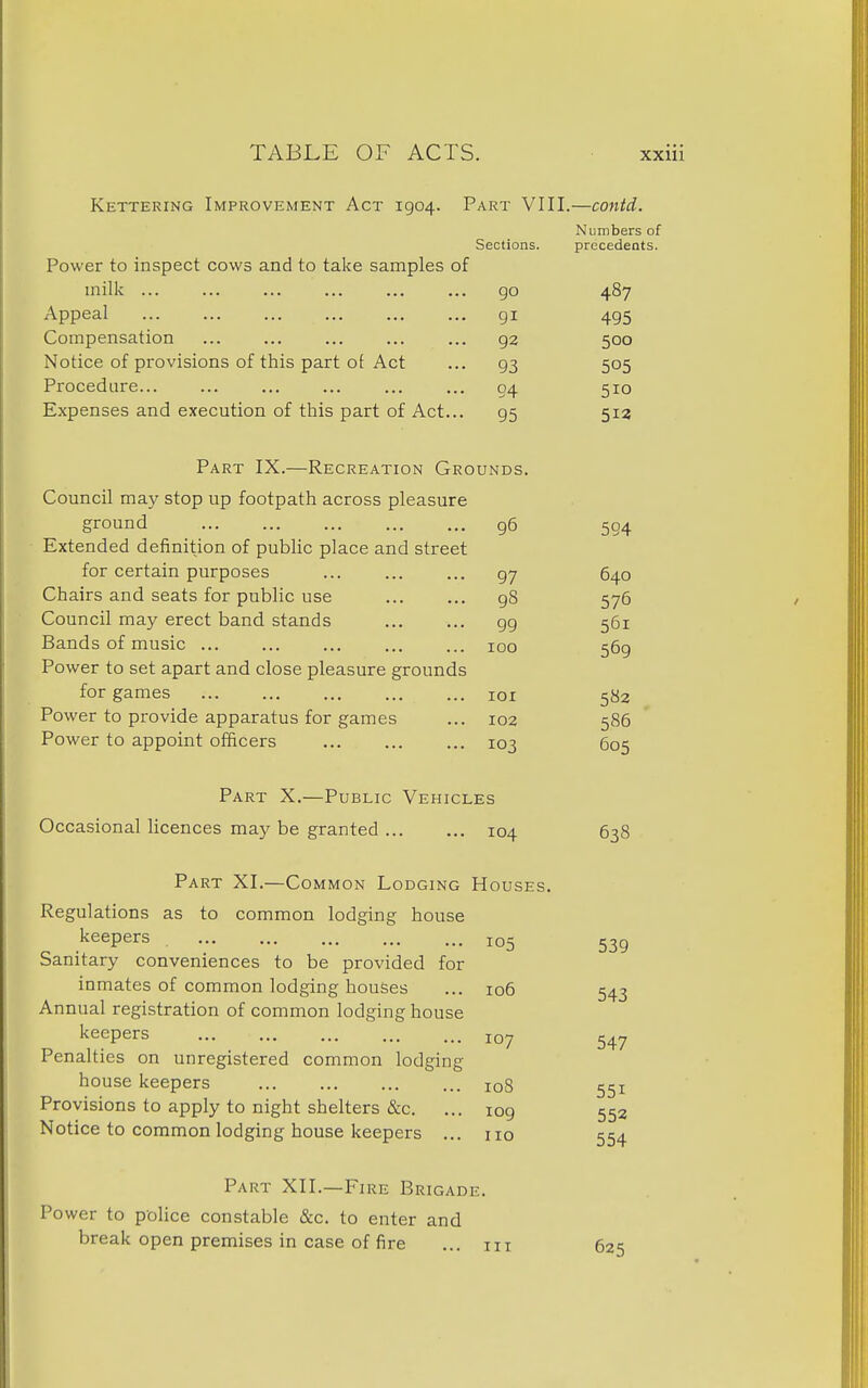 Kettering Improvement Act 1904. Part VIII.—conid. Numbers of Sections. precedents. Power to inspect cows and to take samples of milk ... go 487 Appeal 91 495 Compensation 92 500 Notice of provisions of this part of Act 93 505 Procedure... 94 510 Expenses and execution of this part of Act... 95 512 Part IX.—Recreation Grounds. Council may stop up footpath across pleasure ground 96 594 Extended definition of public place and street for certain purposes 97 640 Chairs and seats for public use 98 576 Council may erect band stands 99 561 Bands of music ... 100 569 Power to set apart and close pleasure grounds for games lOI 582 Power to provide apparatus for games 102 586 Power to appoint officers 103 605 Part X.—Public Vehicles Occasional licences may be granted 104 638 Part XI.—Common Lodging Houses. Regulations as to common lodging house keepers 105 535 Sanitary conveniences to be provided for inmates of common lodging houses ... 106 543 Annual registration of common lodging house keepers 107 547 Penalties on unregistered common lodging house keepers 108 551 Provisions to apply to night shelters &c. ... 109 552 Notice to common lodging house keepers ... 110 554 Part XII.—Fire Brigade. Power to police constable &c. to enter and break open premises in case of fire ... iii 625