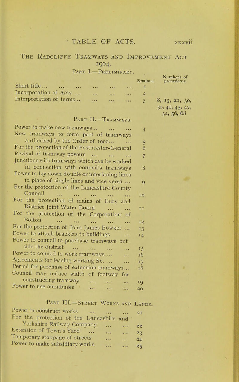 The Radcliffe Tramways and Improvement Act 1904. Part I.—Preliminary. Numbers of Sections. precedents. Short title... ... ... ... ... ... i Incorporation of Acts 2 Interpretation of terms 3 8, 13, 21, 30, 32, 40, 43, 47, 52, 56, 68 Part II.—Tramways. Power to make new tramways 4 New tramways to form part of tramways authorised by the Order of igoo 5 For the protection of the Postmaster-General 6 Revival of tramway powers 7 Junctions with tramways which can be worked in connection with council's tramways 8 Power to lay down double or interlacing lines in place of single lines and vice versa ... 9 For the protection of the Lancashire County Council ... ... ... ... ... 10 For the protection of mains of Bury and District Joint Water Board 11 For the protection of the Corporation' of Bolton For the protection of John James Bowker ... 13 Power to attach brackets to buildings ... 14 Power to council to purchase tramways out- side the district ... 12 Power to council to work tramways 16 Agreements for leasing working &c 17 Period for purchase of extension tramways... 18 Council may reduce width of footway for constructing tramway ig Power to use omnibuses 20 Part III.—Street Works and Lands. Power to construct works 21 For the protection of the Lancashire and Yorkshire Railway Company 22 Extension of Town's Yard 23 Temporary stoppage of streets 24 Power to make subsidiary works 2c