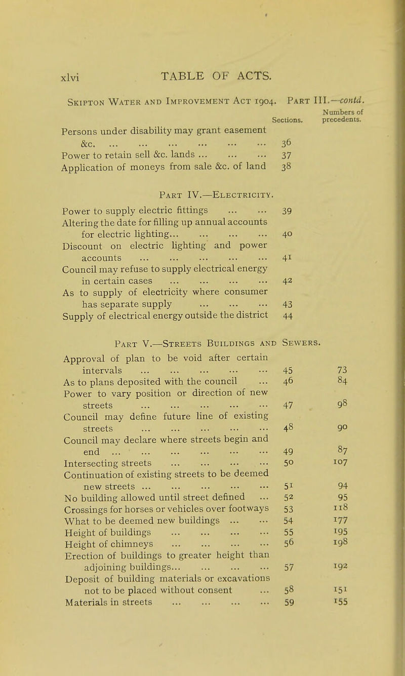 Skipton Water and Improvement Act 1904. Part III.—contd. Numbers of Sections. precedents. Persons under disability may grant easement &c 36 Power to retain sell &c. lands 37 Application of moneys from sale &c. of land 38 Part IV.—Electricity. Power to supply electric fittings 39 Altering the date for filling up annual accounts for electric lighting 40 Discount on electric lighting and power accounts 41 Council may refuse to supply electrical energy in certain cases 42 As to supply of electricity where consumer has separate supply 43 Supply of electrical energy outside the district 44 JrART V. oTREETS XSUILDINGS AND Approval of plan to be void after certain intervals ... ... 45 73 As to plans deposited with the council 46 84 Power to vary position or direction of new 98 streets 47 Council may define future line of existing streets 48 90 Council may declare where streets begin and end ... 49 87 Intersecting streets 50 107 Continuation of existing streets to be deemed new streets ... 51 94 No building allowed until street defined 52 95 Crossings for horses or vehicles over footways 53 118 What to be deemed new buildings 54 177 Height of buildings 55 195 Height of chimneys 56 198 Erection of buildings to greater height than adjoining buildings 57 192 Deposit of building materials or excavations not to be placed without consent 58 151 Materials in streets 59 155