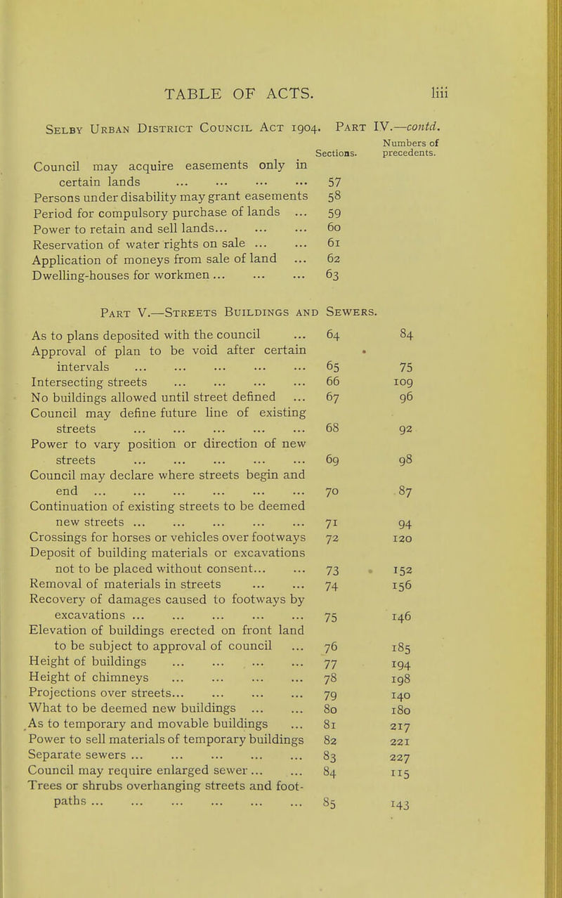 Selby Urban District Council Act 1904. Part IV.—contd. Numbers of Sections. precedents. Council may acquire easements only in certain lands 57 Persons under disability may grant easements 58 Period for compulsory purchase of lands 59 Pnwpr tn rptain and sell lands... ... ... 60 Ppcprvatinn nf water riffhts on sale ... 61 AnnliVatinn nf monpvs from sale of land ... 62 Dwelling-houses for workmen... 63 Part V.—Streets Buildings and Sewers. As to plans deposited with the council 64 84 Approval of plan to be void after certain • intervals 65 75 Intersecting streets 66 log No buildings allowed until street defined 67 96 Council may define future line of existing streets 68 92 Power to vary position or direction of new J XT streets 69 98 Council may declare where streets begin and end 70 .87 Continuation of existing streets to be deemed new streets ... 71 94 Crossings for horses or vehicles over footways 72 120 Deposit of building materials or excavations not to be placed without consent... It 73 Removal of materials in streets 74 156 Recovery of damages caused to footways by excavations ... / J 146 Elevation of buildings erected on front land to be subject to approval of council 76 185 Height of buildings 77 194 Height of chimneys 78 198 Projections over streets... 79 140 What to be deemed new buildings 80 180 As to temporary and movable buildings 81 217 Power to sell materials of temporary buildings 82 221 Separate sewers ... 83 227 Council may require enlarged sewer ... 84 115 Trees or shrubs overhanging streets and foot- paths 85 143