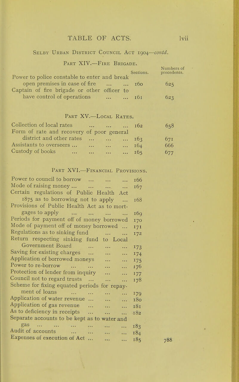 Selby Urban District Council Act 1904—contd. Part XIV.—Fire Brigade. Numbers of Sections. precedents. Power to police constable to enter and break open premises in case of fire ... ... 160 625 Captain of fire brigade or other officer to have control of operations 161 623 Part XV.—Local Rates. Collection of local rates 162 658 Form of rate and recovery of poor general district and other rates 163 671 Assistants to overseers ... ... ... ... 164 666 Custody of books 165 677 Part XVI.—Financial Provisions. Power to council to borrow 166 Mode of raising money 167 Certain regulations of Public Health Act 1875 as to borrowing not to apply ... 168 Provisions of Public Health Act as to mort- gages to apply i6g Periods for payment off of money borrowed 170 Mode of payment off of money borrowed ... 171 Regulations as to sinking fund 172 Return respecting sinking fund to Local Government Board 173 Saving for existing charges 174 Application of borrowed moneys 175 Power to re-borrow 176 Protection of lender from inquiry 177 Council not to regard trusts 178 Scheme for fixing equated periods for repay- ment of loans ijg Application of water revenue 180 Application of gas revenue 181 As to deficiency in receipts 182 Separate accounts to be kept as to water and gas 183 Audit of accounts 184 Expenses of execution of Act 185 788