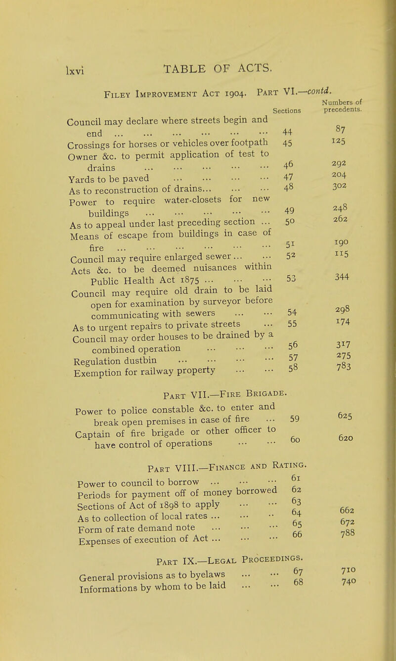 Filey Improvement Act 1904. Part VI. Council may declare where streets begin and end Crossings for horses or vehicles over footpath Owner &c. to permit application of test to drains Yards to be paved As to reconstruction of drains Power to require water-closets for new buildings As to appeal under last preceding section ... Means of escape from buildings in case of fire ... Council may require enlarged sewer... ... Acts &c. to be deemed nuisances within Public Health Act 1875 Council may require old drain to be laid open for examination by surveyor before communicating with sewers As to urgent repairs to private streets Council may order houses to be drained by a combined operation Regulation dustbin Exemption for railway property Sections 44 45 46 47 48 49 50 51 52 54 55 56 57 58 -contd. Numbers of precedents. 87 125 292 204 302 248 262 190 115 344 298 174 317 275 783 Part VII.—Fire Brigade. Power to police constable &c. to enter and break open premises in case of iire ... 59 Captain of fire brigade or other officer to have control of operations °° Part VIII.—Finance and Rating. Power to council to borrow ••• Periods for payment off of money borrowed 62 Sections of Act of 1898 to apply ••• ••• °3 As to collection of local rates •• 4 Form of rate demand note ••• Expenses of execution of Act Part IX.—Legal Proceedings. General provisions as to byelaws ... - ^7 Informations by whom to be laid 625 620 662 672 788 710 740