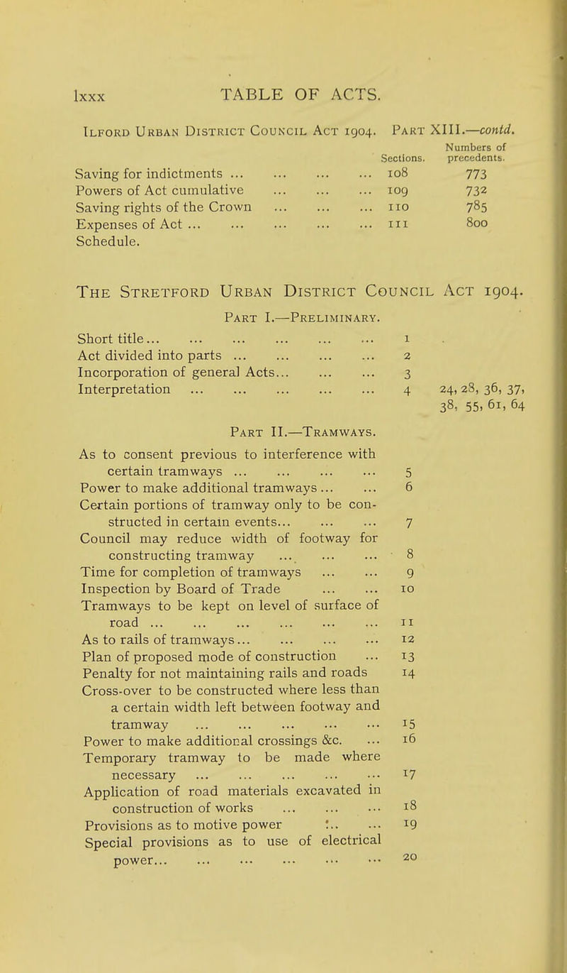 Ilford Urban District Council Act 1904. Part XIII.—contd. Numbers of Sections. precedents. Saving for indictments 108 773 Powers of Act cumulative log 732 Saving rights of the Crown no 785 Expenses of Act in 800 Schedule. The Stretford Urban District Council Act 1904. Part I.—Preliminary. Short title 1 Act divided into parts 2 Incorporation of general Acts 3 Interpretation 4 24,28, 36, 37, 38, 55.61,64 Part II.—Tramways. As to consent previous to interference with certain tramways ... ... ... ... 5 Power to make additional tramways ... ... 6 Certain portions of tramway only to be con- structed in certain events... ... ... 7 Council may reduce width of footway for constructing tramway ... ... ... 8 Time for completion of tramways ... ... g Inspection by Board of Trade 10 Tramways to be Icept on level of surface of road ... ... ... ... II As to rails of tramways... ... 12 Plan of proposed mode of construction ... 13 Penalty for not maintaining rails and roads 14 Cross-over to be constructed where less than a certain width left between footway and tramway 15 Power to make additional crossings &c. ... 16 Temporary tramway to be made where necessary ... ... ... '^7 Application of road materials excavated in construction of works 18 Provisions as to motive power ! 19 Special provisions as to use of electrical power... ...