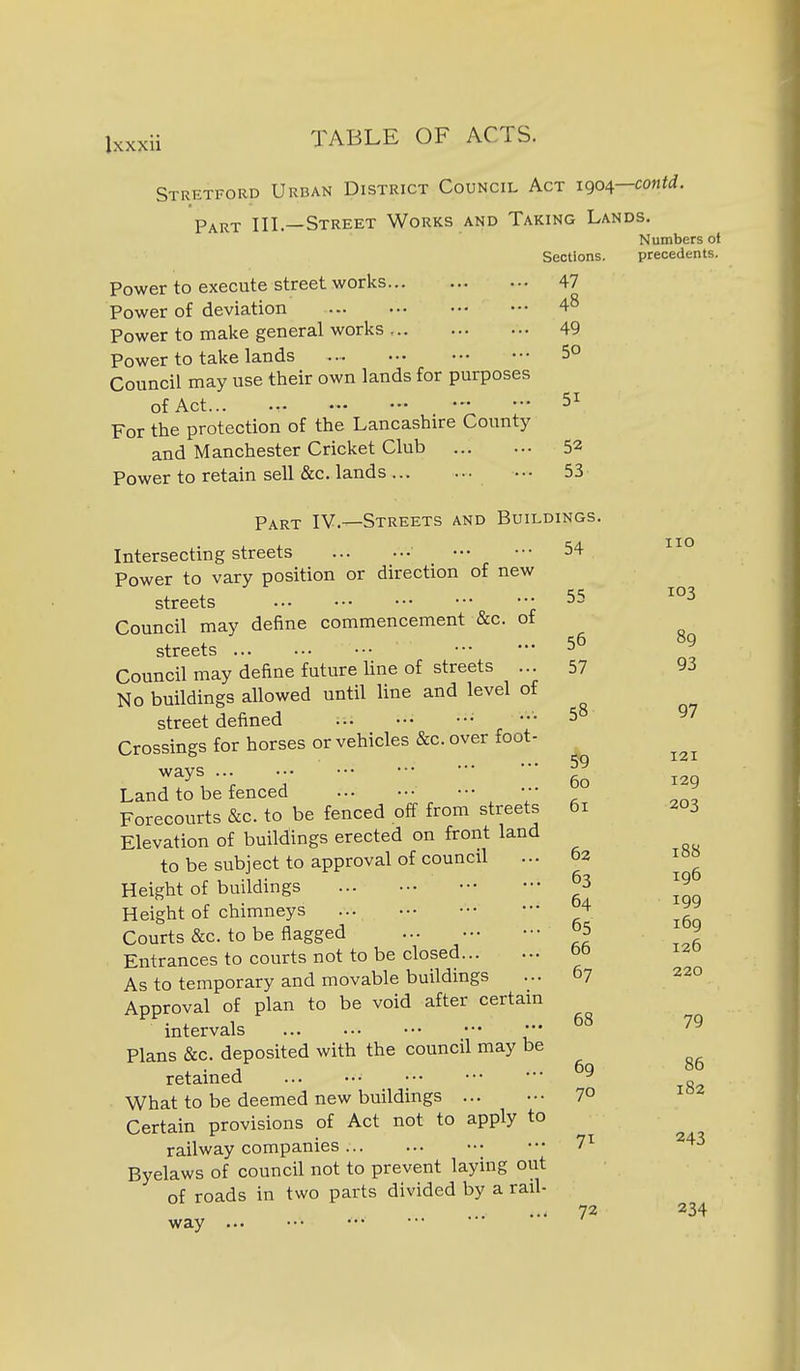 Stretford Urban District Council Act igo^—contd. Part III,—Street Works and Taking Lands. Numbers of Sections. precedents. Power to execute street works 47 Power of deviation 4^ Power to make general works , 49 Power to take lands 5° Council may use their own lands for purposes of Act... ... 51 For the protection of the Lancashire County and Manchester Cricket Club 52 Power to retain sell &c. lands ••• 53 Part IV.—Streets and Buildings. Intersecting streets ' Power to vary position or direction of new streets • Council may define commencement &c. of streets Council may define future line of streets ... No buildings allowed until line and level of street defined • Crossings for horses or vehicles &c. over foot- ways ... Land to be fenced Forecourts &c. to be fenced off from streets Elevation of buildings erected on front land to be subject to approval of council ... Height of buildings Height of chimneys Courts &c. to be flagged Entrances to courts not to be closed As to temporary and movable buildings Approval of plan to be void after certain intervals ••• Plans &c. deposited with the council may be retained • • What to be deemed new buildings Certain provisions of Act not to apply to railway companies ••• Byelaws of council not to prevent laying out of roads in two parts divided by a rail- way 54 110 55 103 56 89 57 93 58 97 59 121 60 129 61 203 62 188 63 196 64 199 65 169 66 126 67 220 68 79 69 86 70 182 71 243 72 234