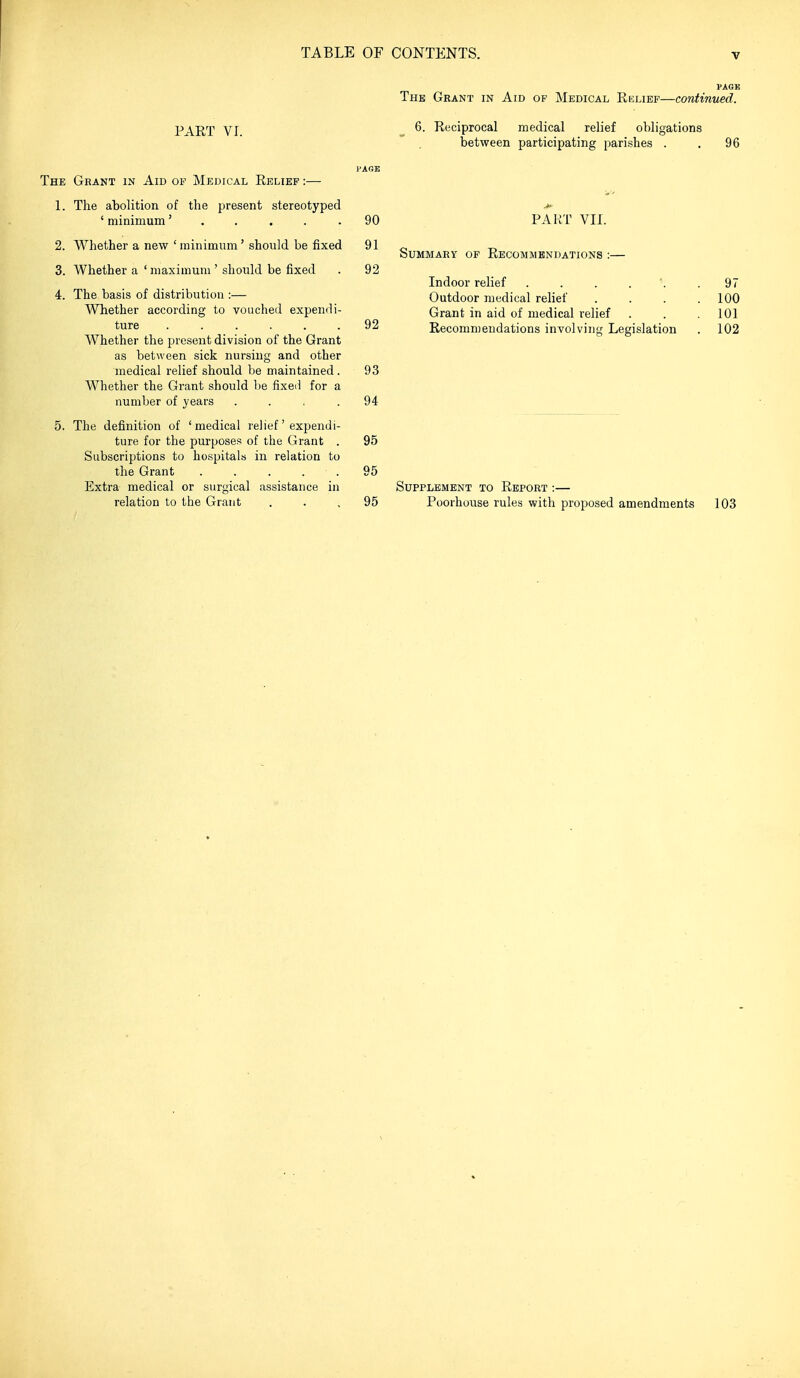 The Grant in Aid of Medical Ruliep—continued. PART vr. 6. Reciprocal medical relief obligations between participating parishes . 96 The Grant in Aid of Medical Relief :— 1. The abolition of the present stereotyped ' minimum90 2. Whether a new ' minimum' should be fixed 91 3. Whether a ' maximum ' should be fixed . 92 4. The basis of distribution :— Whether according to vouched expendi- ture 92 Whether the present division of the Grant as between sick nursing and other medical relief should be maintained. 93 Whether the Grant should be fixed for a number of years .... 94 5. The definition of 'medical relief' expendi- ture for the purposes of the Grant . 95 Subscriptions to hospitals in relation to the Grant 95 Extra medical or surgical assistance in relation to the Grant ... 95 PART VII. Summary op Recommendations :— Indoor relief ....*. Outdoor medical relief Grant in aid of medical relief Recommendations involving Legislation Supplement to Report :— Poorhouse rules with proposed amendments 97 100 101 102 103