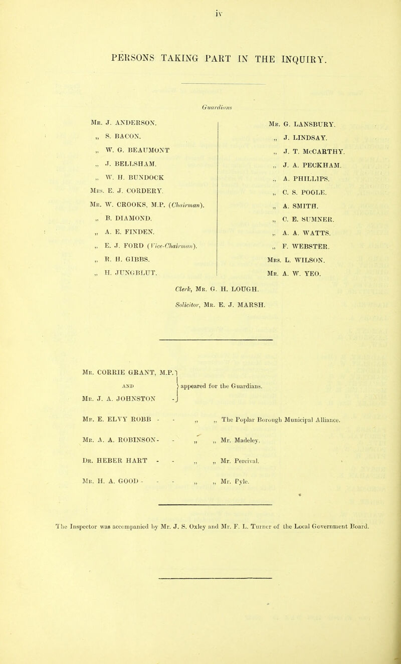 jy PERSONS TAKING PART IN THE INQUIRY. Guardunis Mr. J. ANDERSON. „ S. BACON. „ W. G. BEAUMONT „ J. BELLSHAM. „ W. H. BUNDOCK Me?. E. J. CORDERY. Mr. W. CROOKS, M.P. {Chuirman). „ B. DIAMOND. „ A. E. FINDEN. „ E. J. FORD {Vice-Chairmun). „ R. H. GIBBS. „ H. JUNGBLUT. Cle7-T(, Mr. G. H. LOUGH. Solicitor, Me. E. J. MARSH. Mr. G. LANSBURY. „ J. LINDSAY. J. T. McCarthy. „ J. A. PECKHAM. „ A. PHILLIPS. „ C. S. POOLE. „ A. SMITH. ,, C. E. SUMNER. „ A. A. WATTS. „ F. WEBSTER. Mrs. L. WILSON. Mr. a. W. YEO. Me. CORRIE GRANT, M.P.I I AND } appeared for the Guardians. Me. J. A. JOHNSTON -J Mr. E. ELYY ROBB - - „ „ The Poplar Borough Municipal Alliance. Mr. a. a. ROBINSON- - ,^ „ Mr. Madeley. Dr. HEBER hart - - „ „ Mr. Percival. mi. H. A. GOOD - - - „ „ Mr. Pyle. The Inspector was accompanied by Mr. J. S. Oxley and Mr. F. L. Turner of the Local Government Board.