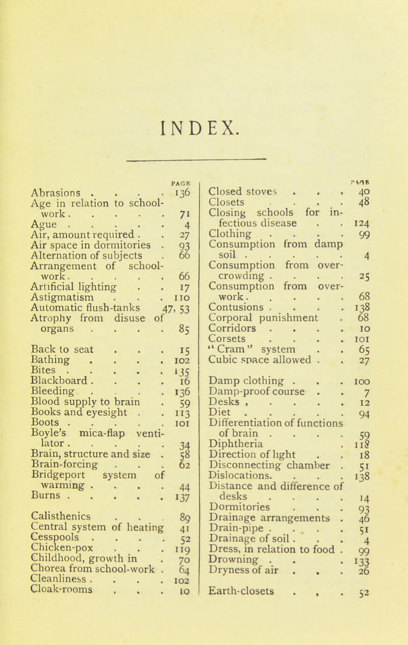 INDEX. Abrasions . Age in relation to school work.... Ague .... Air, amount required . Air space in dormitories Alternation of subjects Arrangement of school work. Artificial lighting Astigmatism Automatic flush-tanks Atrophy organs from disuse of PAGE 136 71 4 27 93 66 66 17 110 47, 53 Back to seat Bathing Bites .... Blackboard . Bleeding Blood supply to brain Books and eyesight . Boots .... Boyle's mica-flap venti lator .... Brain, structure and size Brain-forcing Bridgeport system of warming . Burns .... Calisthenics Central system of heating Cesspools . Chicken-pox Childhood, growth in Chorea from school-work Cleanliness . Cloak-rooms 85 15 102 16 136 59 113 lOI 34 58 62 44 137 89 41 52 119 70 64 102 10 Closed stoves Closets . . _ Closing schools for in fectious disease Clothing Consumption from damp soil .... Consumption from over crowdmg . Consumption from over work.... Contusions . Corporal punishment Corridors Corsets Cram system Cubic space allowed . Damp clothing . Damp-proof course . Desks , . . . Diet .... Differentiation of function of brain . Diphtheria Direction of light Disconnecting chamber Dislocations. Distance and difference of desks Dormitories Drainage arrangements Drain-pipe . . . Drainage of soil. Dress, in relation to food Drowning . Dryness of air . , Earth-closets 52