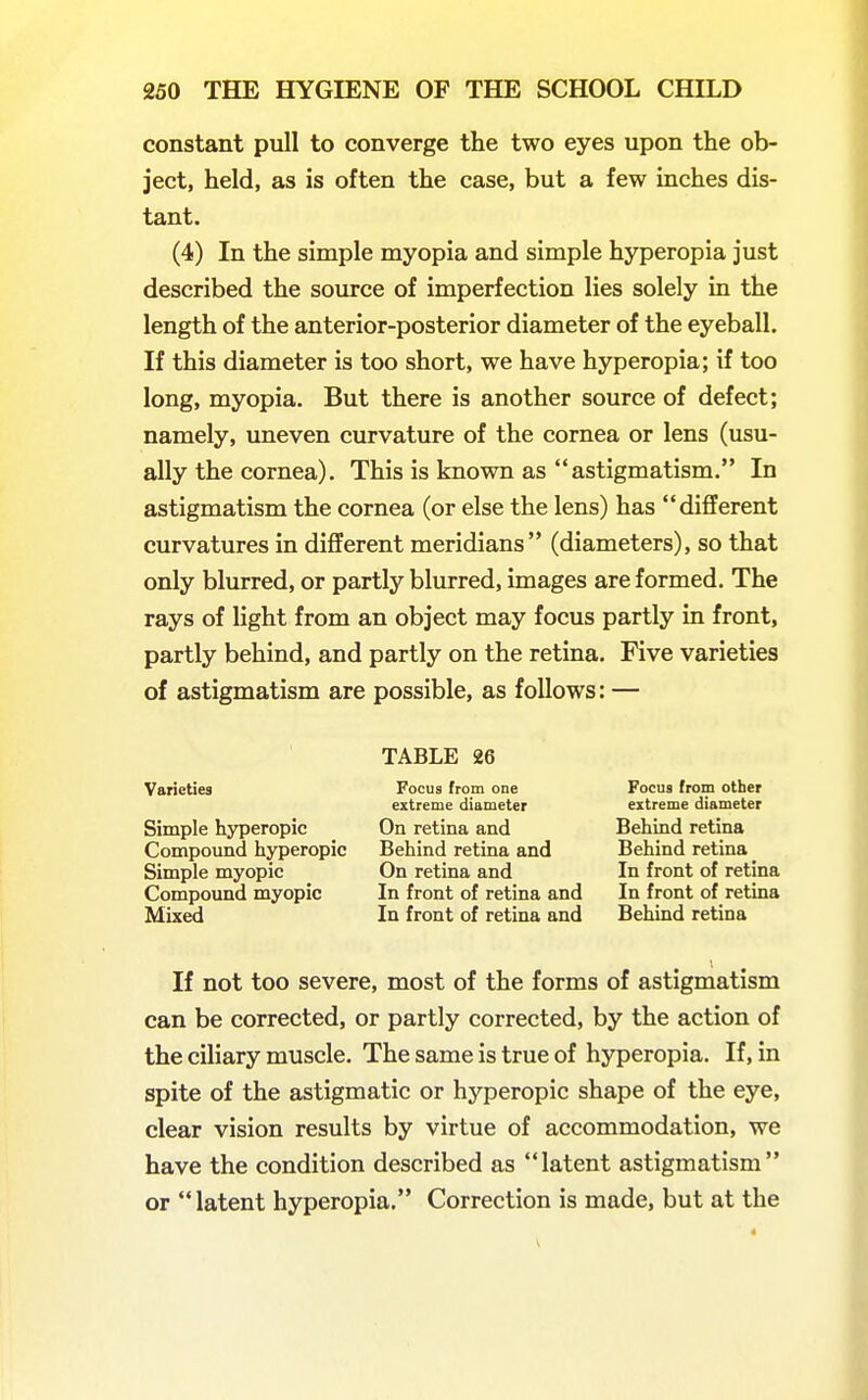 constant pull to converge the two eyes upon the ob- ject, held, as is often the case, but a few inches dis- tant. (4) In the simple myopia and simple hyperopia just described the source of imperfection lies solely in the length of the anterior-posterior diameter of the eyeball. If this diameter is too short, we have hyperopia; if too long, myopia. But there is another source of defect; namely, uneven curvature of the cornea or lens (usu- ally the cornea). This is known as astigmatism. In astigmatism the cornea (or else the lens) has different curvatures in different meridians (diameters), so that only blurred, or partly blurred, images are formed. The rays of light from an object may focus partly in front, partly behind, and partly on the retina. Five varieties of astigmatism are possible, as follows: — If not too severe, most of the forms of astigmatism can be corrected, or partly corrected, by the action of the ciliary muscle. The same is true of hyperopia. If, in spite of the astigmatic or hyperopic shape of the eye, clear vision results by virtue of accommodation, we have the condition described as latent astigmatism or latent hyperopia, Correction is made, but at the Focus from other extreme diameter Behind retina Behind retina In front of retina In front of retina Behind retina Simple hyperopic On retina and Compound hyperopic Behind retina and Simple myopic On retina and Compound myopic In front of retina and Mixed In front of retina and
