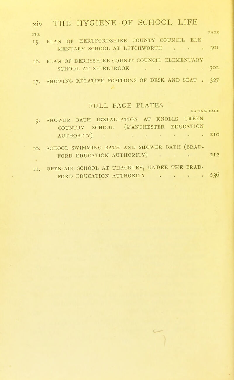 PACE PLAN 01' HERTFORDSHIRE COUNTY COUNCIL ELE- MENTARY SCHOOT, AT LETCHWORTH . . . 30I PLAN OF DERBYSHIRE COUNTY COUNCIL ELEMENTARY SCHOOL AT SHIREBROOK 3°^ SHOWING RELATIVE POSITIONS OF DESK AND SEAT . 327 FULL PAGE PLATES FACING PAGE 9. SHOWER BATH INSTALLATION AT KNOLLS GREEN COUNTRY SCHOOL (MANCHESTER EDUCATION AUTHORITY) 2IO 10. SCHOOL SWIMMING BATH AND SHOWER BATH (BRAD- FORD EDUCATION AUTHORITY) . . . 212 II. OPEN-AIR SCHOOL AT THACKLEY, UNDER THE BRAD- FORD EDUCATION AUTHORITY .... 236