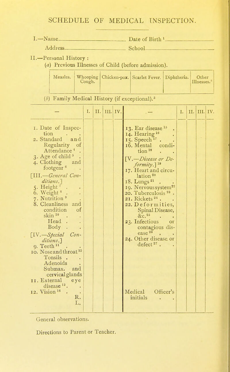 SCHEDULE OF MEDICAL INSPECTION. I.—Name Date of Birth Address School II.—Personal History : (a) Previous Illnesses of Child (before admission). Measles. Whooping Chicken-pox. Scarlet Fever. Diphtheria. Other Cough. Illnesses.- {/>) Family Medical History (if exceptional).' I. II. III. IV. I. II. III. IV. 1. Date of Inspec- tion 2. Standard and Regularity of Attendance * . 3. Age of child . 4. Clothing and footgear  [III.—General Con- ditions.'^ 5. Height' . 6. Weight. 7. Nutrition ° 8. Cleanliness and condition of skin . Head . Body . [\N.—Special Con- ditions^ 9. Teeth  . 10. Nose and throat'^ Tonsils . Adenoids Submax. and cervical glands 11. External eye disease'^. 12. Vision. R. L. 13. Ear disease . 14. Hearing 15. Speech. 16. Mental condi- tion  . [V.—Disease or De- formity.^  17. Heart and circu- lation  18. Lungs 21 . 19. Nervous system 20. Tuberculosis. 21. Rickets 2' . 22. Deformities, Spinal Disease, &c. . 23. Infectious or contagious dis- ease 24. Other disease or defect . Medical Oflicer's initials General observations. Directions to Parent or Teacher.