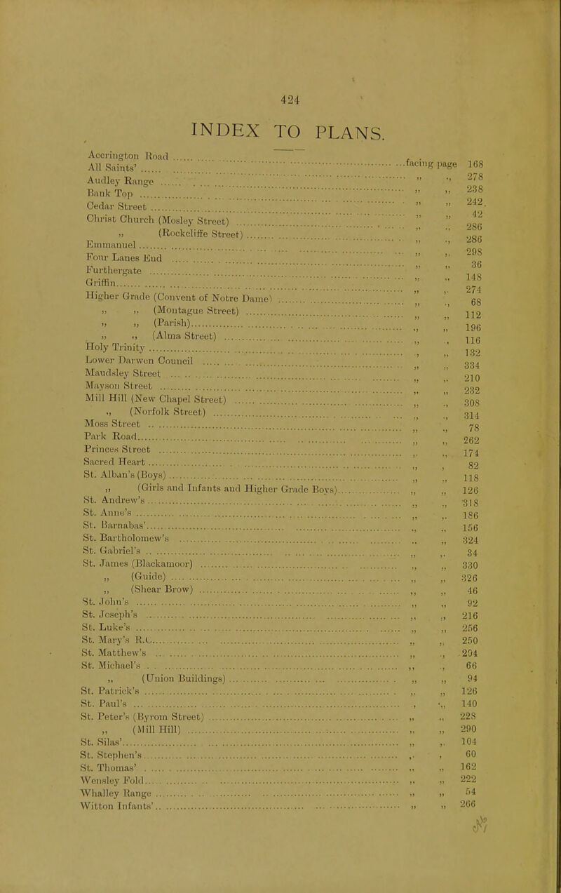 INDEX TO PLANS. Accriiigtoii llortd All Saints' Autllej' Range Bank Top ' Cedar Street Christ Church (Mosley Street) (Rockcliffe Street) Emmanuel Four Lanes End Furthergate Griffin Higher Grade (Convent of Notre Dame'l „ ,, (Montague Street) )) (Pai-ish) „ „ (Alma Sti-eet) Holy Trinity Lower Darwun Council Maudsley Street  Maysoii Street iVliil Hill (New Chapel Street) „ (Norfolk Street) Moss Street Park Road Prince.s Street Sacred Heart St. Alban's (Boys) , „ (Girls and Infants and Higher Grade Boys). St. Andrevv's St. Anne's St. LSarnabas' St. Bai-tholomew's St. Gabriel's St. James (Blackamoor) „ (Guide) ,, (Shear Brow) St. John's St. Joseph's St. Luke's St. Mary's K.t- St. Matthew's St. Michael's ,, (Union Buildings) St. Patrick's at. Paul's St. Peter'.s (Byrom Street) (Mill Hill) St. Silas' St. Steplien's St. Thomas' Wensley Fold Whalley Range Witton Infants' J uO >' )) £iO o I' 5J 949  )) 42 *' ') 286 J? J 1 9QQ J» 1* 36 »I H Ids )> r -/ ^ }) •) Do >) J) 119 ') 11 1 QA IvO ') » 11 « I io ■t »» 1 QO i OZ QQyl 01 n AiU »' n ii •) oUo :» •» 01 A ?) ■) '7S )) IT I ■ • ) 1 */ H ') i QO oZ )» -1 1 io ') :! 1 Oft tt :j »» »* Icu 100 •J i 0 ' > )i 40  tj 91 9'»fi Zt>U •) 201 M ■^ 66 •) ;) 94 ) • ?i 126 140 228 290 104 60 162 222 »» r.4 M t) 266 ^1