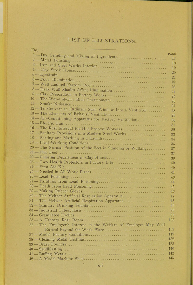 LIST OF ILLUSTRATIONS. Fig. 1 —Dry Grinding and Mixing of Ingredients ^^^^ 2 —Metal Polishing * ' 3—Iron and Steel Works Interior. ,q 4 — Clay Stock House \\'[ ' [. . 20 5 — Eyestrain 6 — Poor Illumination 22 7 — Well Lighted Factory Room 28 8 — Dark Wall Shades Affect Illumination 24 9 — Clay Preparation in Pottery Works 25 10 — The Wet-and-Dry-^Blub Thermometer 26 11 — Smoke Nuisance 27 12 —To Convert an Ordinary. Sash Window Into a Ventilator 28 13 —The Elements of Exhaust Ventilation 29 14 —Air-Conditioning Apparatus for Factory Ventilation 30 15 — Electric Fan 16—The Rest Interval for Hot Process Workers 32 17 — Sanitary Provisions in a Modern Steel Works . 33 18 — Sorting and Marking in a Laundry 34 19 — IdeaLWorkijig Conditions 3,5 20— The Normal Position of the Feet in Standing or Walking 37 21— Flat Feet 37 22 — Pr^ ssing Department in Clay House 39 23 — Two Health Protectors in Factory Life 40 24 —First Aid Kit 40 25 —Needed in All Work Places 41 26 — Lead Poisoning 43 27 — Paralysis from Lead Poisoning 44 28 — Death from Lead Poisoning 45 29 —Making Rubber Gloves 46 30 — The Meltzer Artificial Respiration Apparatus 47 31 — The Meltzer Artificial Respiration Apparatus 48 32 — Sanitary Drinking Fountain 49 33—Industrial Tuberculosis 90 34 — Granulated Eyelids 93 35 —A Factory Rest Room 108 36 — The Employer's Interest in the Welfare of Employes May Well Extend Beyond the Work Place 109 37 — Model Factory Conditions 119 38 — Cleaning Metal Castings 132 39 —Brass Foundry 133 40—Sandblasting 140 41 —Buffing Metals 142 42 —A Model Machine Shop 145