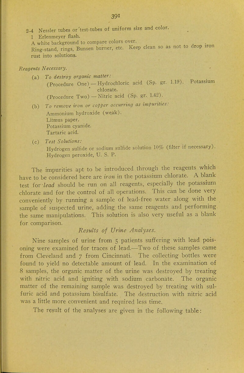 2-4 Nessler tubes or'test-tubes of uniform size and color. 1 Erlenmeyer flash. A white background to compare colors over. Ring-stand, rings, Bunsen burner, etc. Keep clean so as not to drop iron rust into solutions. Reagents Necessary. (a) To destroy organic matter: (Procedure One) — Hydrochloric acid (Sp. gr. 1.19). Potassium chlorate. (Procedure Two) — Nitric acid (Sp. gr. 1.42). (b) To remove iron or copper occurring as impurities: Ammonium hydroxide (we.ak). Litmus paper. Potassium cyanide. Tartaric acid. (c) Test Solutions: Hydrogen sulfide or sodium sulfide solution 10% (filter if necessary). Hydrogen peroxide, U. S. P. The impurities apt to be introduced through the reagents which have to be considered here are iron in the potassium chlorate. A blank test iovlead should be run on all reagents, especially the potassium chlorate and for the control of all operations. This can be done very conveniently by running a sample of lead-free water along with the sample of suspected urine, adding the same reagents and performing, the same manipulations. This solution is also very useful as a blank for comparison. Results of Urine Analyses. Nine samples of urine from 5 patients suffering with lead pois- oning were examined for traces of lead.—Two of these samples came from Cleveland and 7 from Cincinnati. The collecting bottles were found to yield no detectable amount of lead. In the examination of 8 samples, the organic matter of the urine was destroyed by treating with nitric acid and igniting with sodium carbonate. The organic matter of the remaining sample was destroyed by treating with sul- furic acid and potassium bisulfate. The destruction with nitric acid was a little more convenient and required less time. The result of the analyses are given in the following table: