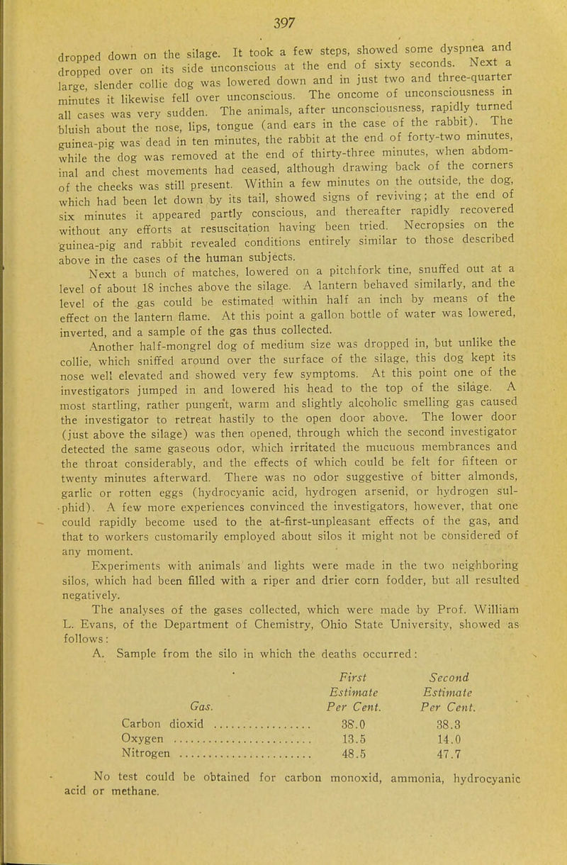 dropped down on the silage. It took a few steps, showed some dyspnea and dropped over on its side unconscious at the end of sixty seconds. Next a large slender collie dog was lowered down and in just two and three-quarter minutes it likewise fell over unconscious. The oncome of unconsciousness in all cases was very sudden. The animals, after unconsciousness, rapidly turned bluish about the nose, lips, tongue (and ears in the case of the rabbit). The guinea-pig was' dead in ten minutes, the rabbit at the end of forty-two minutes, while the dog was removed at the end of thirty-three minutes, when abdom- inal and chest movements had ceased, although drawing back of the corners of the cheeks was still present. Within a few minutes on the outside, the dog, which had been let down hy its tail, showed signs of reviving; at the end of six minutes it appeared partly conscious, and thereafter rapidly recovered without any efforts at resuscitation having been tried. Necropsies on the ■guinea-pig and rabbit revealed conditions entirely similar to those described above in the cases of the human subjects. Next a bunch of matches, lowered on a pitchfork tine, snuffed out at a level of about 18 inches above the silage. A lantern behaved similarly, and the level of the gas could be estimated within half an inch by means of the effect on the lantern flame. At this point a gallon bottle of water was lowered, inverted, and a sample of the gas thus collected. Another half-mongrel dog of medium size was dropped in, but unlike the collie, which sniffed around over the surface of the silage, this dog kept its nose well elevated and showed very few symptoms. At this point one of the investigators jumped in and lowered his head to the top of the silage. A most startling, rather pungent, warm and shghtly alcoholic smelling gas caused the investigator to retreat hastily to the open door above. The lower door (just above the silage) was then opened, through which the second investigator detected the same gaseous odor, which irritated the mucuous membrances and the throat considerably, and the effects of which could be felt for fifteen or twenty minutes afterward. There was no odor suggestive of bitter almonds, garlic or rotten eggs (hydrocyanic acid, hydrogen arsenid, or hydrogen sul- • phid). A few more experiences convinced the investigators, however, that one could rapidly become used to the at-first-unpleasant effects of the gas, and that to workers customarily employed about silos it might not be considered of any moment. Experiments with animals and lights were made in the two neighboring silos, which had been filled with a riper and drier corn fodder, but all resulted negatively. The analyses of the gases collected, which were made by Prof. William L. Evans, of the Department of Chemistry, Ohio State University, showed as follows: A. Sample from the silo in which the deaths occurred: First Second Estimate Estimate Gas. Per Cent. Per Cent. Carbon dioxid 3&.0 38.3 Oxygen 13.5 14.0 Nitrogen 48.5 47.7 No test could be obtained for carbon monoxid, ammonia, hydrocyanic acid or methane.