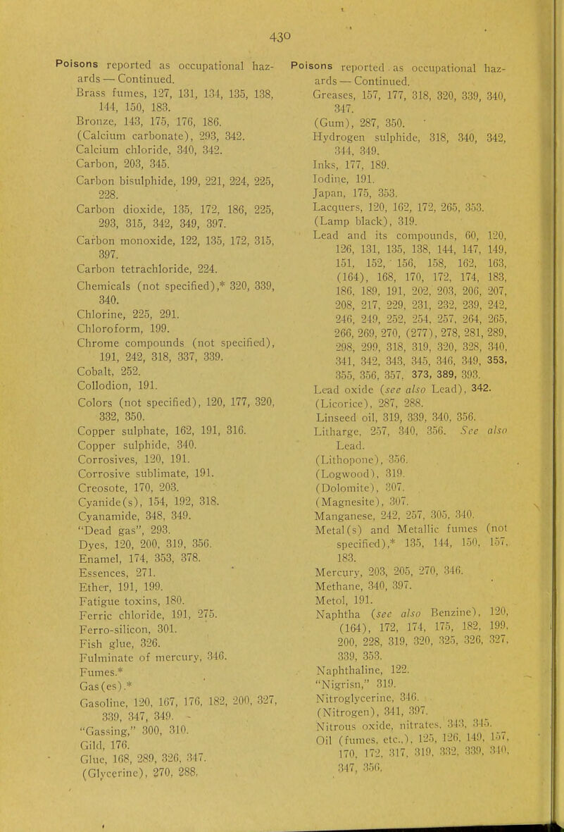 isons reported as occupational haz- ards — Continued. Brass fumes, 127, 131, 134, 135, 138, 1-14, 150, 183. Bronze, 148, 175, 17G, 186. (Calcium carbonate), 293, 342. Calcium chloride, 340, 342. Carbon, 203, 345. Carbon bisulphide, 199, 221, 224, 225, 228. Carbon dioxide, 135, 172, 186, 225, 293, 315, 342, 349, 397. Carbon monoxide, 122, 135, 172, 815, 397. Carbon tetrachloride, 224. Chemicals (not specified),* 320, 339, 340. Chlorine, 225, 291. Chloroform, 199. Chrome compounds (not specified), 191, 242, 318, 337, 339. Cobalt, 252. Collodion, 191. Colors (not specified), 120, 177, 320, 332, 850. Copper sulphate, 162, 191, 816. Copper sulphide, 840. Corrosives, 120, 191. Corrosive sublimate, 191. Creosote, 170, 203. Cyanide (s), 154, 192, 318. Cyanamide, 848, 349. Dead gas, 293. Dyes, 120, 200, 319, 356. Enamel, 174, 853, 378. Essences, 271. Ether, 191, 199. Fatigvie toxins, 180. Ferric chloride, 191, 275. Ferro-silicon, 301. Fish glue, 326. Fulminate of mercury, 346. Fumes.* Gas(es).* Gasoline, 120, 167, 176, 182, 200, 327, 339, 347, 349. - Gassing, 300, 310. Gild, 176. Glue, 168, 289, 326. 347. (Glycerine), 270, 288, Poisons reported as occupational haz- ards — Continued. Greases, 157, 177, 818, 820, 839, 840, 347. (Gum), 287, 850. ' Hydrogen sulphide, 318, 840, 342, 344, 349. Inks, 177, 189. Iodine, 191. Japan, 175, 353. Lacquers, 120, 162, 172, 265, 853. (Lamp black), 819. Lead and its compounds, 60, 120, 126, 131, 135, 188, 144, 147, 149, 151, 152, • 156, 158, 162, 163, (164), 168, 170, 172, 174, 188, 186, 189, 191, 202, 203, 206, 207, 208, 217, 229, 231, 232, 239, 242, 246, 249, 252, 254, 257, 264, 265, 266, 269, 270, (277), 278, 281, 289, 298, 290, 318, 319, 320, 328, 340, 341, 342, 843, 345, 846, 349, 353, 355, 356, 857, 373, 389, 393. Lead oxide (see also Lead), 342. (Licorice), 287, 288. Linseed oil, 319, 339, 340, 856. Litharge, 257, 340, 356. See also Lead. (Lithopone), 356. (Logwood), 319. (Dolomite), 307. (Magnesite), 307. Manganese, 242, 257, 305, 340. Metal (s) and Metallic fumes (not specified),* 135, 144, 150. 157, 183. Mercury, 203, 205, 270, 346. Methane, 340, 397. Metol, 191. Naphtha (sec also Benzine), 120, (164), 172, 174, 175, 182, 199. 200, 228, 319, 320, 325, 326, 32v, 339, 353. Naphthaline, 122. Nigrisn, 319. Nitroglycerine, 346. (Nitrogen), 341, 397. Nitrous oxide, nitrates. 343, 34,). Oil (fumes, etc.), 125, 126. 149, 157, 170. 172, 317, 319. 332. 339, 310. 347, 356,