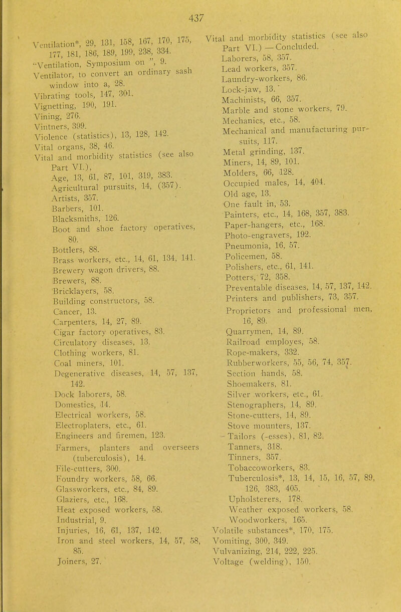 \\.,uilation*, 29. 131, loS. 1G7, 170, 175, 177, 181, 186, 189, 199, 238, 334. ••Ventilation, Symposium on , 9. Ventilator, to convert an ordinary sash window into a, 28. Vibrating tools, 147, SOI. Vignetting, 190, 191. Vining, 276. Vintners, 399. Violence (statistics), 13, 128, 142. Vital organs, 38, 46. Vital and morbidity statistics (see also Part VI.), Age, 13, 61, 87, 101, 319, 383. Agricultural pursuits, 14, (357). Artists, 357. Barbers, 101. Blacksmiths, 126. Boot and shoe factory operatives, 80. Bottlers, 88. Brass workers, etc., 14, 61, 134, 141. Brewery wagon drivers, 88. Brewers, 88. Bricklayers, 58. Building constructors, 58. Cancer, 13. Carpenters, 14, 27, 89. Cigar factory operatives, 83. Circulatory diseases, 13. Clothing workers, 81. Coal miners, 101. Degenerative diseases, 14, 57, 137, 142. Dock laborers, 58. Domestics, 44. Electrical workers, 58. Electroplaters, etc., 61. Engineers and firemen, 123. Farmers, planters and overseers (tuberculosis), 14. File-cutters, 300. Foundry workers, 58, 66. Glassworkers, etc., 84, 89. Glaziers, etc., 168. Heat exposed workers, 58. Industrial, 9. Injuries, 16, 61, 137, 142. Iron and steel workers, 14, 57, 58, 85. Joiners, 27. ital and morbidity statistics (see also Part VI.) —Concluded. Laborers, 58, 357. Lead workers, 357. Laundry-workers, 86. Lock-jaw, 13.' Machinists, 66, 357. Marble and stone workers, 79. Mechanics, etc., 58. Mechanical and manufacturing pur- suits, 117. Metal grinding, 137. Miners, 14, 89, 101. Molders, 06, 428. Occupied males, 14, 404. Old age, 13. One fault in, 53. Painters, etc., 14, 168, 357, 383. Paper-hangers, etc., 168. Photo-engravers, 192. Pneumonia, 16, 57. Policemen, 58. Polishers, etc., 61, 141. Potters,-72, 358. Preventable diseases, 14, 57, 137, 142. Printers and publishers, 73, 357. Proprietors and professional men, 16, 89. Quarrymen, 14, 89. Railroad employes, 58. Rope-makers, 332. Rubberworkers, 55, 56, 74, .357. Section hands, 58. Shoemakers, 81. Silver workers, etc., 61. Stenographers, 14, 89. Stone-cutters, 14, 89. Stove mounters, 137. - Tailors (-esses), 81, 82. Tanners, 318. Tinners, 357. Tobaccoworkers, 83. Tuberculosis*, 13, 14, 15, 16, 57, 89, 126, 383, 405. Upholsterers, 178. Weather exposed workers, 58. Woodworkers, 165. Volatile substances*, 170, 175. Vomiting, 300, 349. Vulvanizing, 214, 222, 225. Voltage (welding), 150.