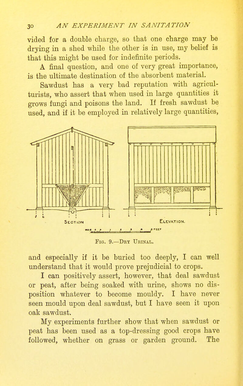 vided for a double charge, so that one charge may be drying in a shed while the other is in use, my belief is that this might be used for indefinite periods. A final question, and one of very great importance, is the ultimate destination of the absorbent material. Sawdust has a very bad reputation with agricul- turists, who assert that when used in large quantities it grows fungi and poisons the land. If fresh sawdust be used, and if it be employed in relatively large quantities. Fig. 9.—Dry Ueinal. and especially if it be buried too deeply, I can well understand that it would prove prejudicial to crops. I can positively assert, however, that deal sawdust or peat, after being soaked with urine, shows no dis- position whatever to become mouldy. I have never seen mould upon deal sawdust, but I have seen it upon oak sawdust. My experiments further show that when sawdust or peat has been used as a top-dressing good crops have followed, whether on grass or garden ground. The